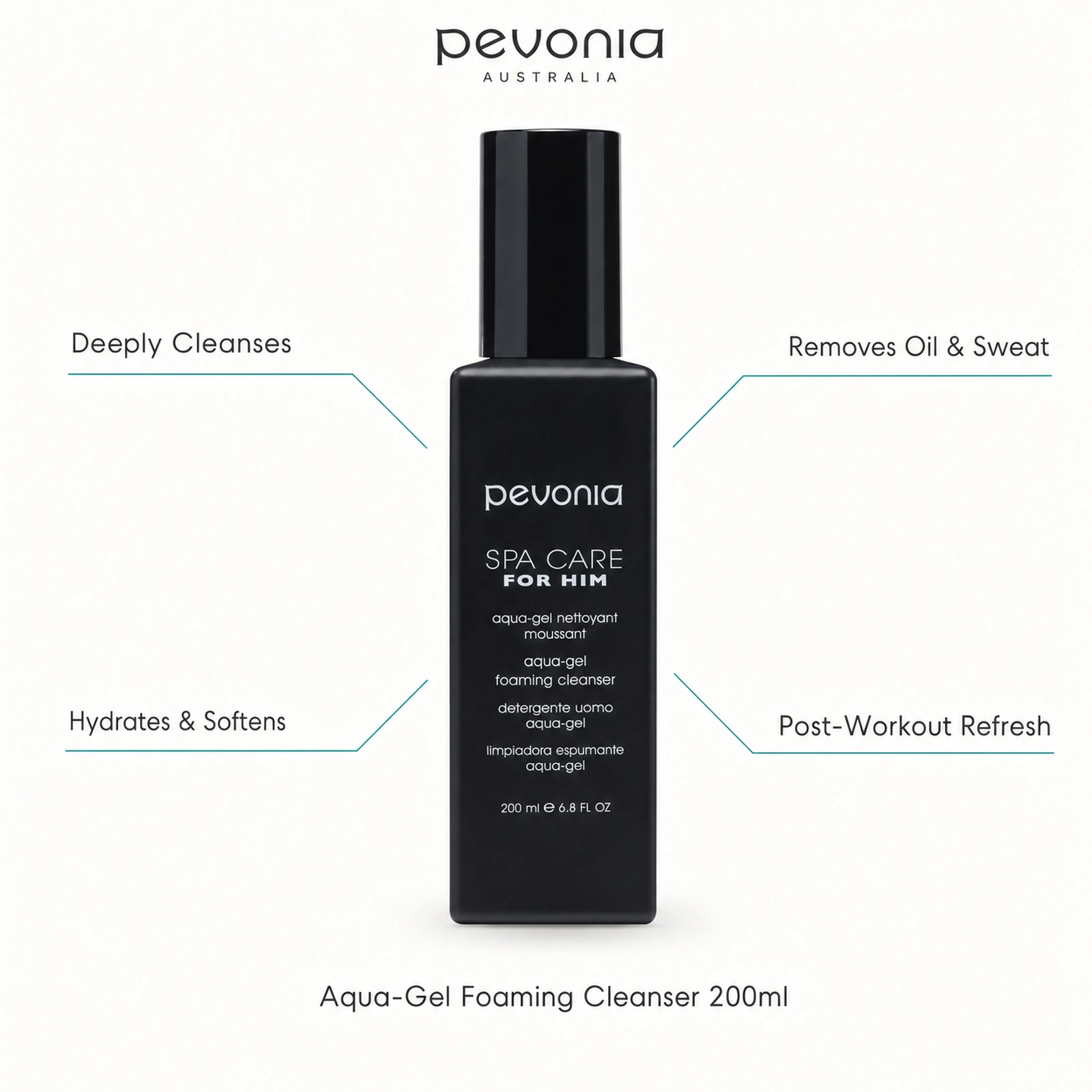 Pevonia Aqua-Gel Foaming Cleanser 200ml with benefits for deep cleansing, oil and sweat removal, hydration and post-workout refresh