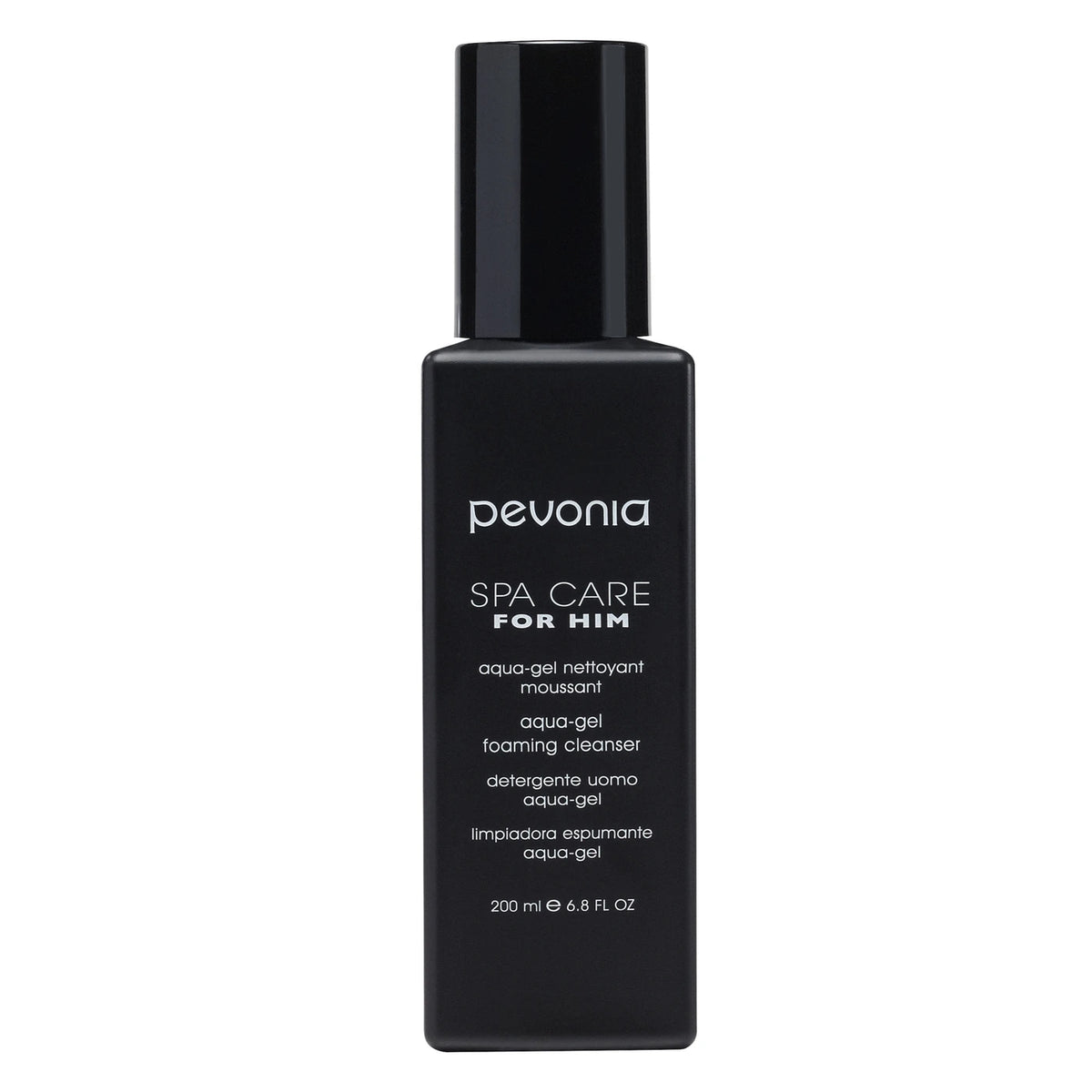 Pevonia Spa Care For Him Aqua-Gel Foaming Cleanser 200 ml, black bottle with black cap, front of pack