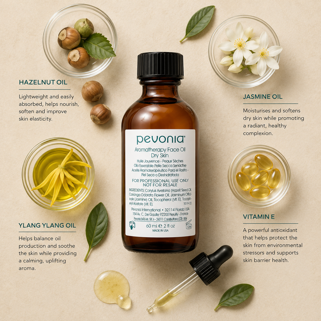 Pevonia Aromatherapy Face Oil Dry Skin 60ml ingredient flatlay with hazelnut oil, ylang ylang oil, jasmine oil and vitamin E on a warm beige background