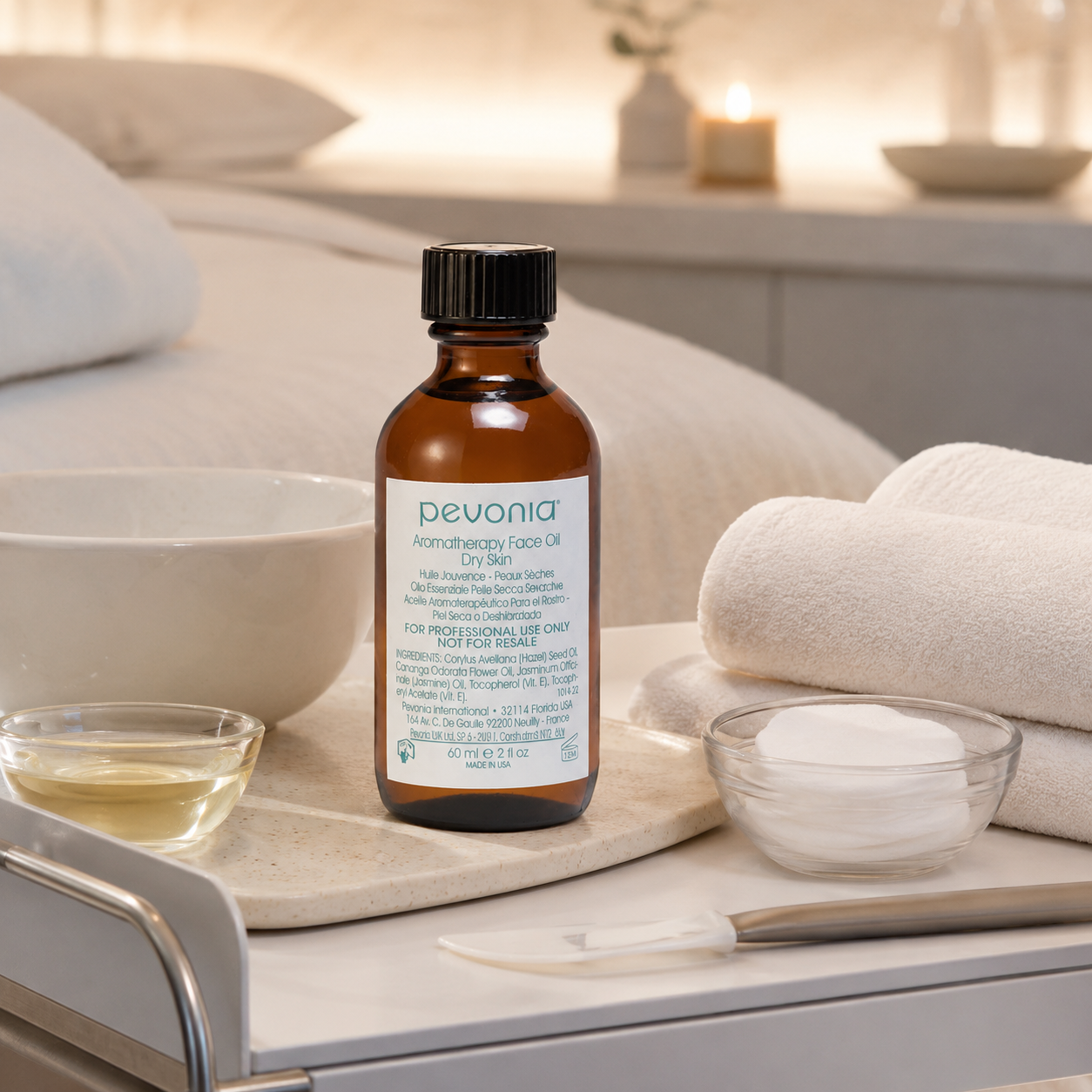 Pevonia Aromatherapy Face Oil Dry Skin 60ml bottle displayed on a therapist trolley in an upmarket day spa treatment room with unbranded facial treatment accessories.