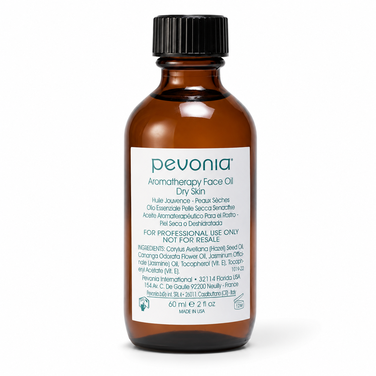 Pevonia Aromatherapy Face Oil Dry Skin 60ml professional amber glass bottle on a clean white studio background.