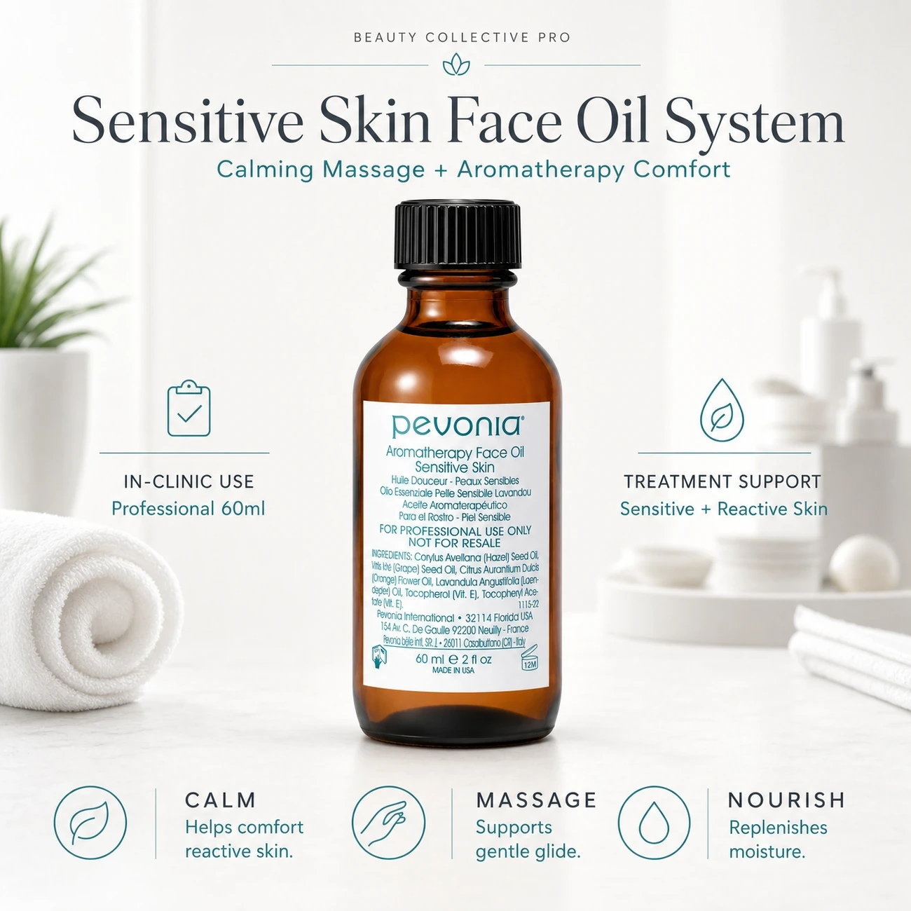 Pevonia Aromatherapy Face Oil Sensitive Skin 60ml clinic-use education image for professional calming facial massage and sensitive skin barrier support.