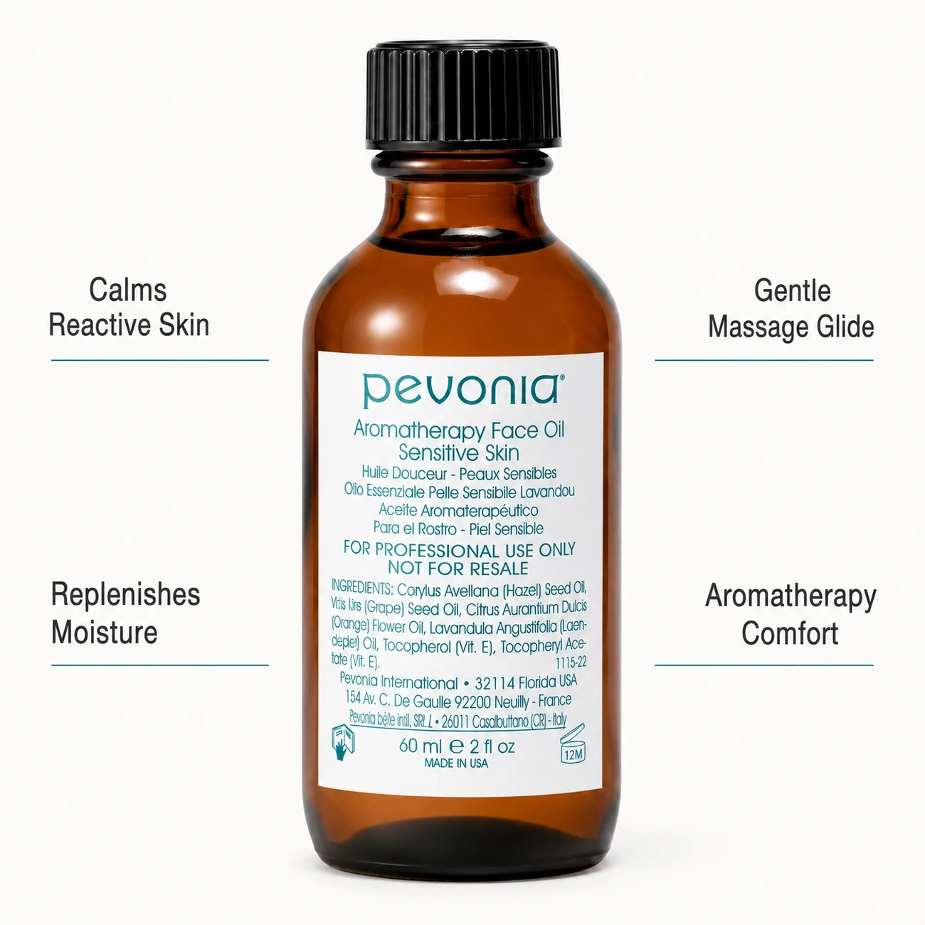 Pevonia Aromatherapy Face Oil Sensitive Skin 60ml professional benefit callout image for calming reactive skin, massage glide, moisture and aromatherapy comfort in salons, spas and clinics.
