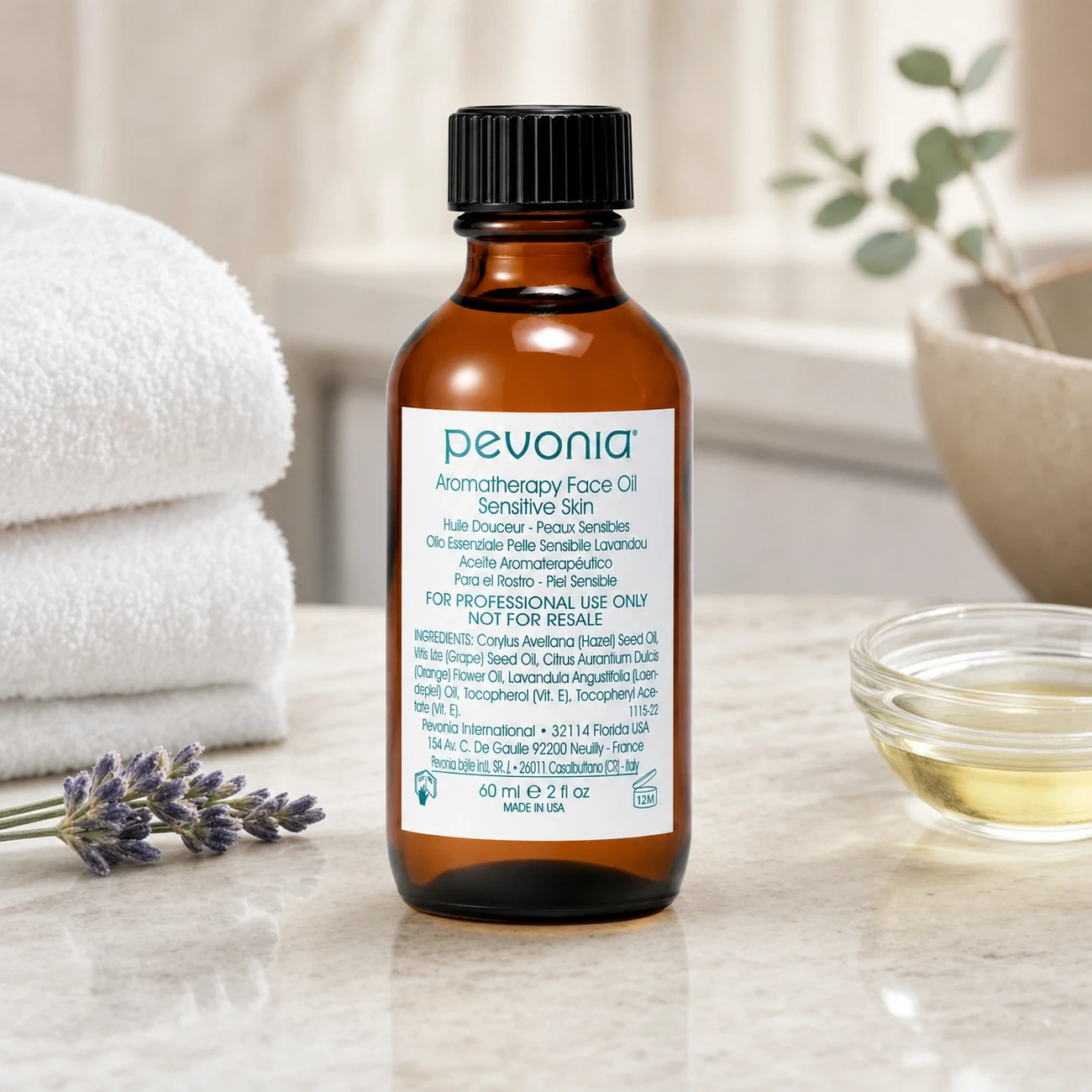 Pevonia Aromatherapy Face Oil Sensitive Skin 60ml professional bottle styled in a clean clinic treatment setting for Beauty Collective Pro.