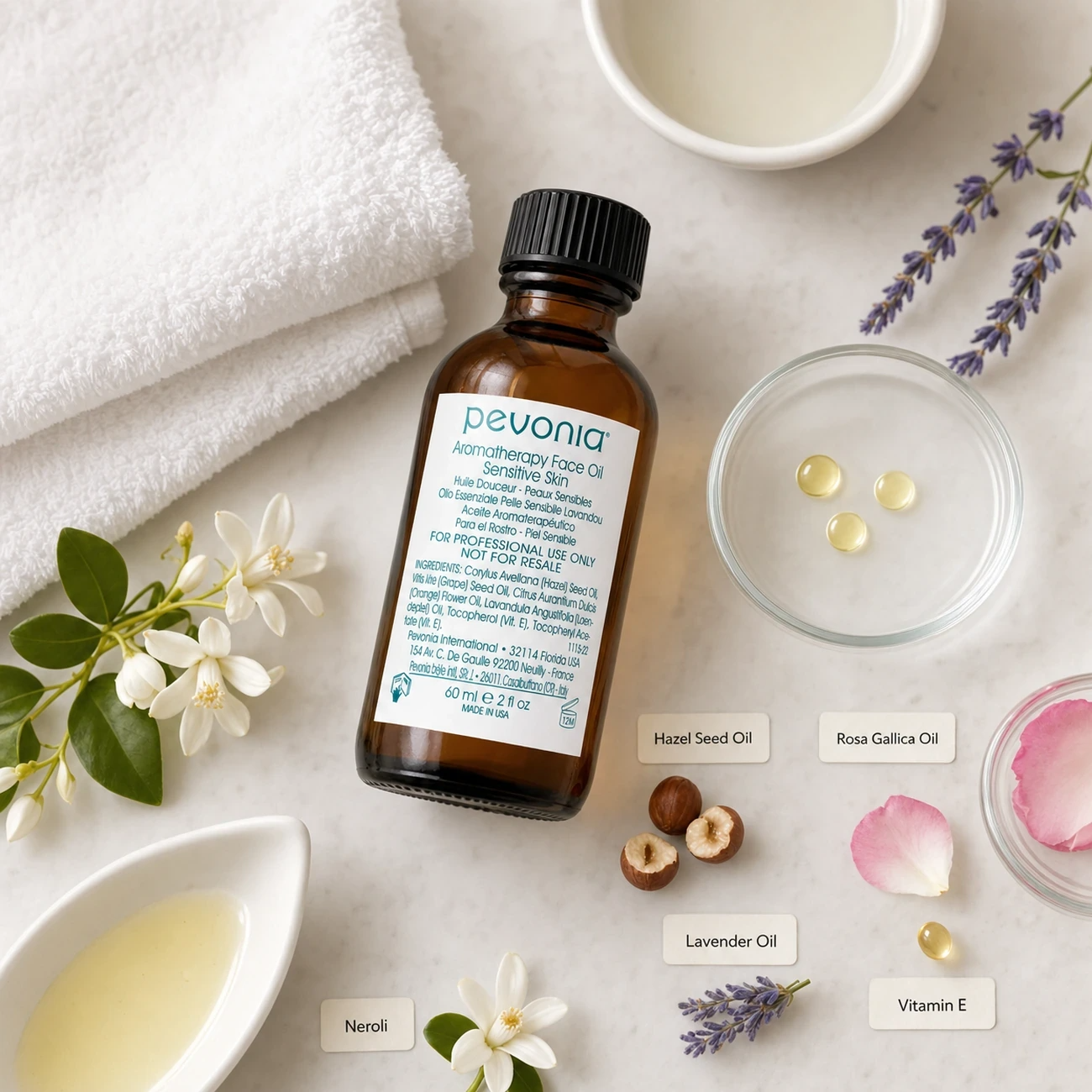 Pevonia Aromatherapy Face Oil Sensitive Skin 60ml treatment-support flatlay with hazel seed oil, rosa gallica oil, neroli, lavender and vitamin E references.