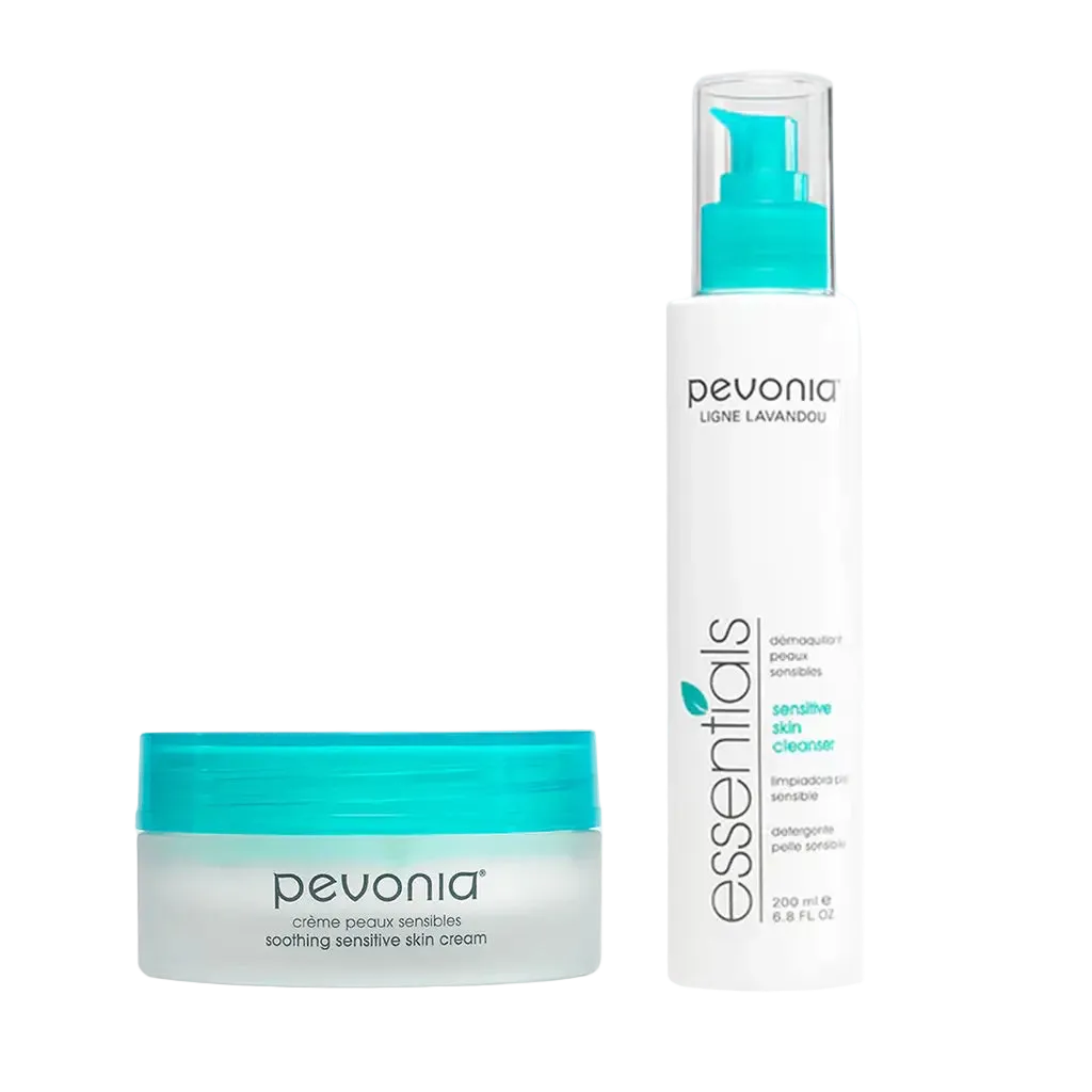 Pevonia Australia soothing sensitive skin cream 50g and sensitive cleanser 200ml bundle duo for treatment of sensitive skin and redness. No back gound