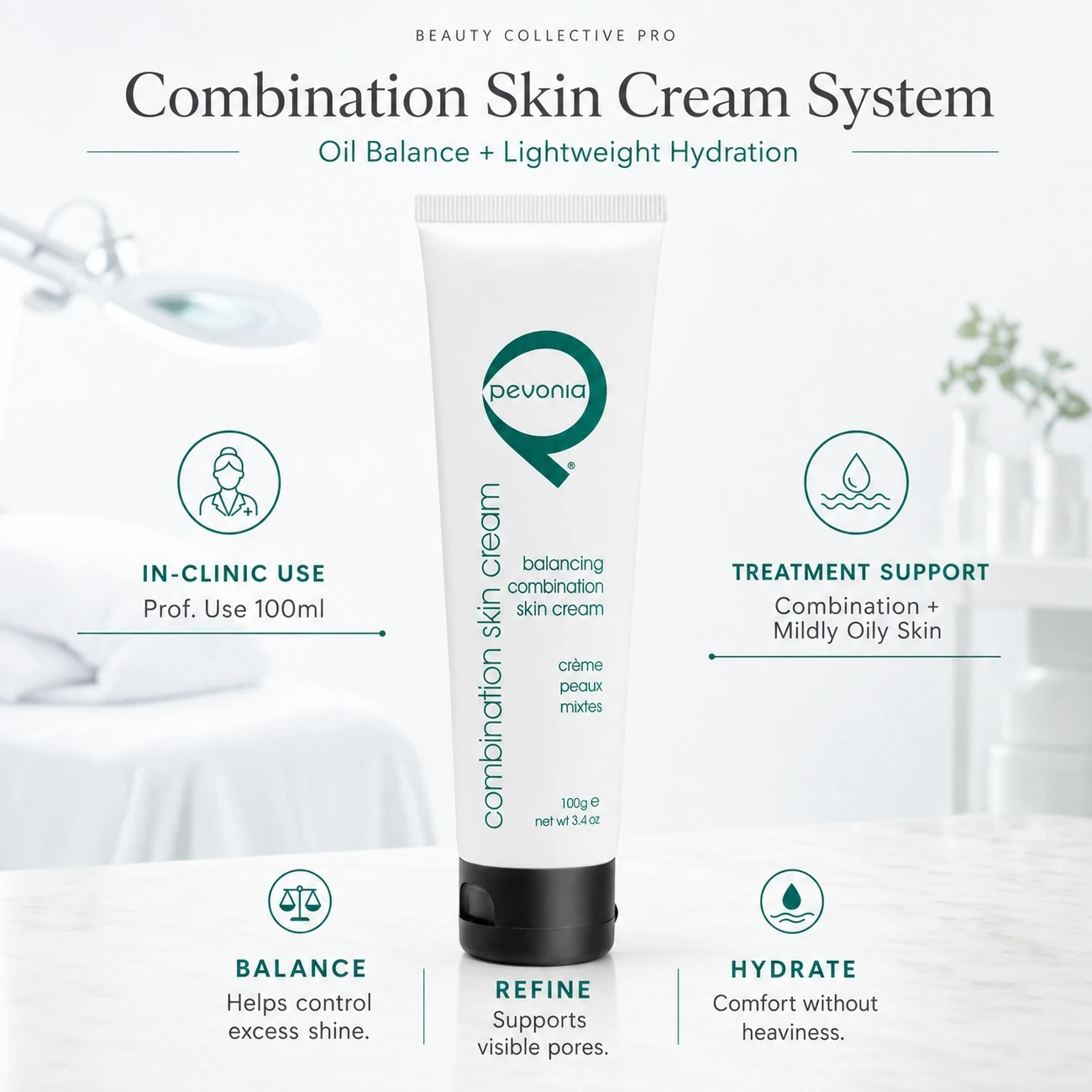 Pevonia Balancing Combination Skin Cream 100ml clinic-use education image for professional oil control, pore refinement and balanced hydration support.