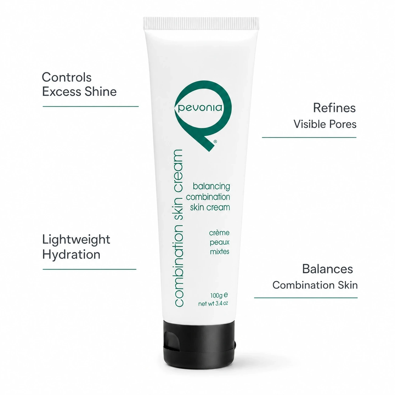 Pevonia Balancing Combination Skin Cream 100ml professional benefit callout image for shine control, visible pores, lightweight hydration and combination skin support in salons, spas and clinics.