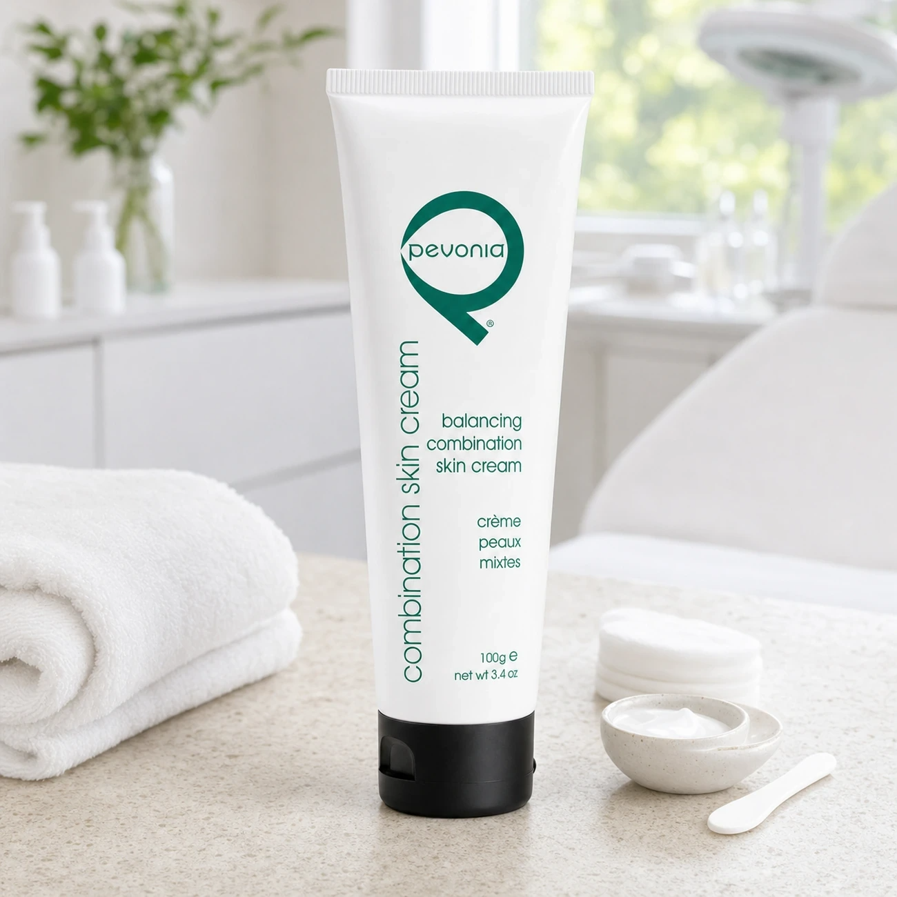 Pevonia Balancing Combination Skin Cream 100ml clinic-use education image for professional oil control, pore refinement and balanced hydration support.