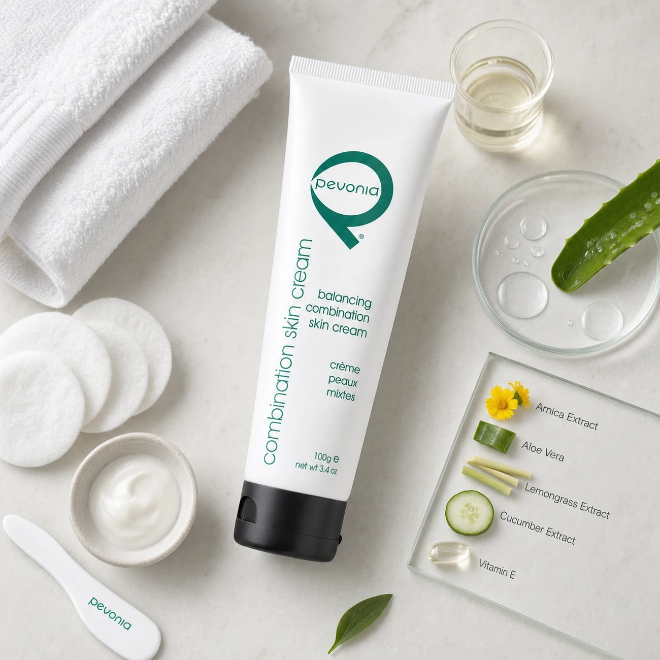 Pevonia Balancing Combination Skin Cream 100ml treatment-support flatlay with arnica, aloe vera, lemongrass, cucumber and vitamin E references.