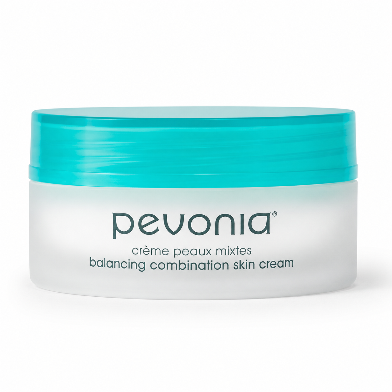 Pevonia Balancing Combination Skin Cream jar 50ml with turquoise lid on a clean white studio background.