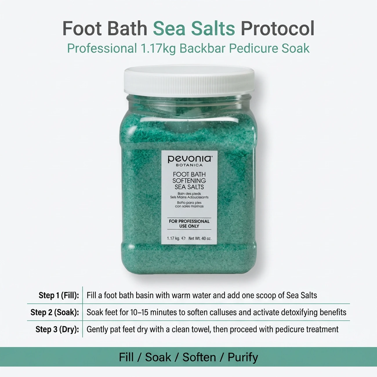 Pevonia Botanica Foot Bath Softening Sea Salts 1.17kg clinic-use education image detailing the professional 3-step Fill, Soak, and Dry backbar pedicure soak protocol.