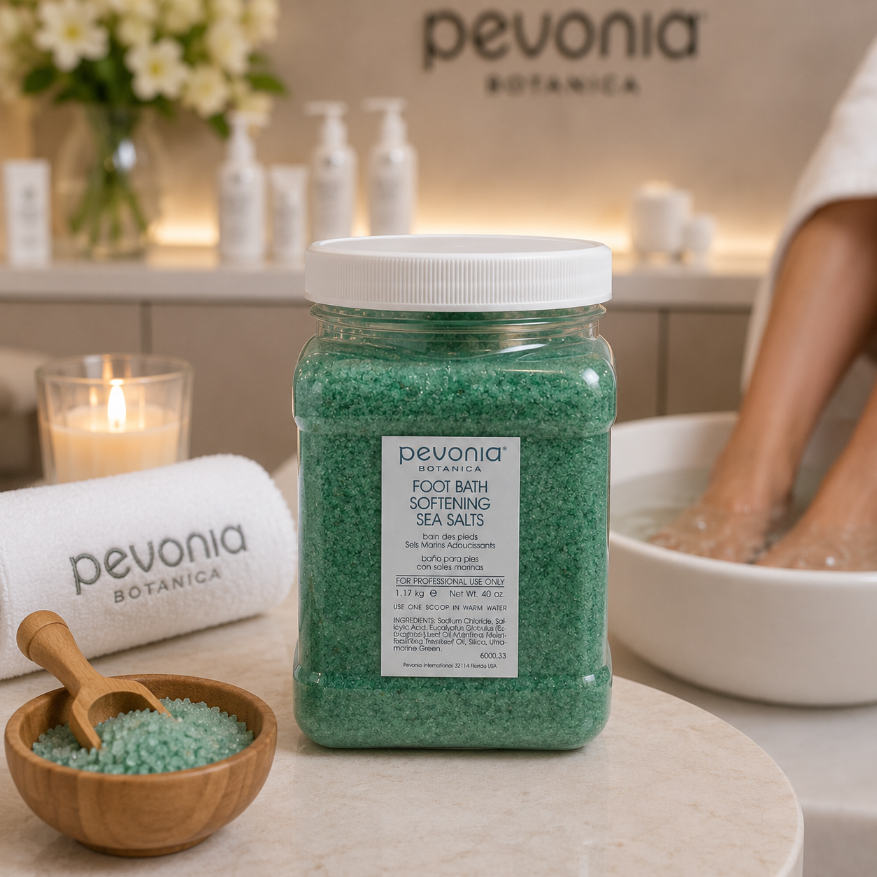Pevonia Botanica Foot Bath Softening Sea Salts 1.17kg displayed in a luxury spa pedicure setting for softening professional foot treatments.