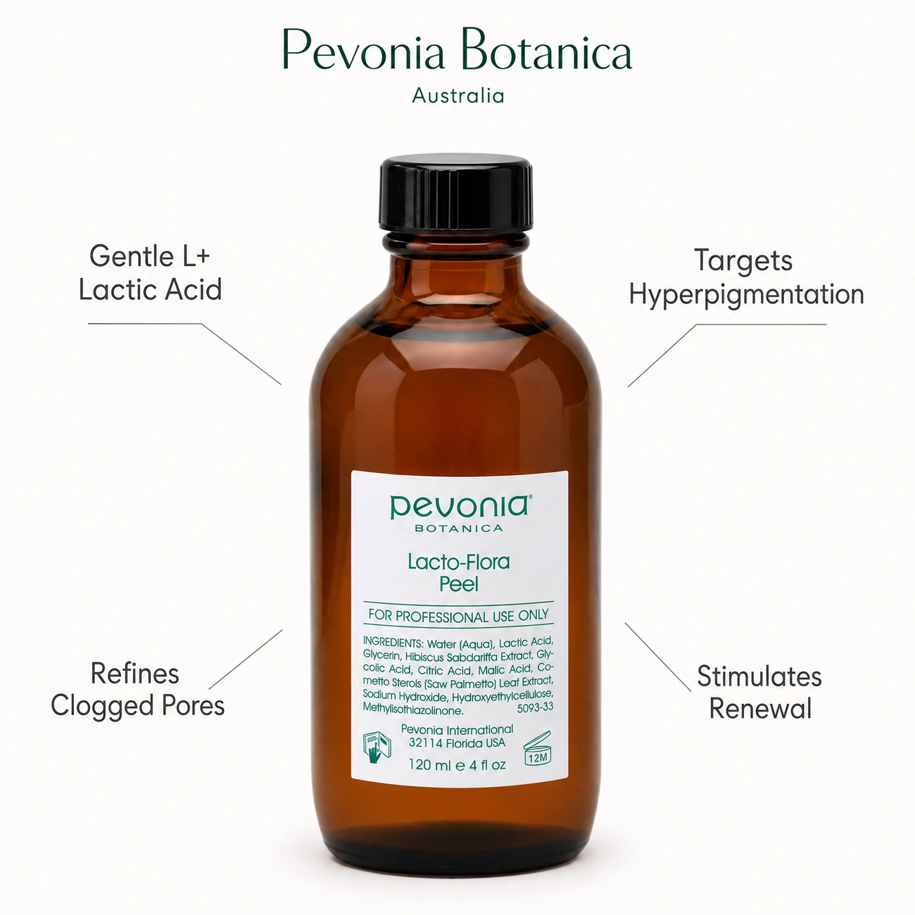 Pevonia Botanica Lacto-Flora Peel 120ml benefit callout image highlighting gentle L+ Lactic Acid exfoliation, hyperpigmentation targeting, pore refinement, and cellular renewal.