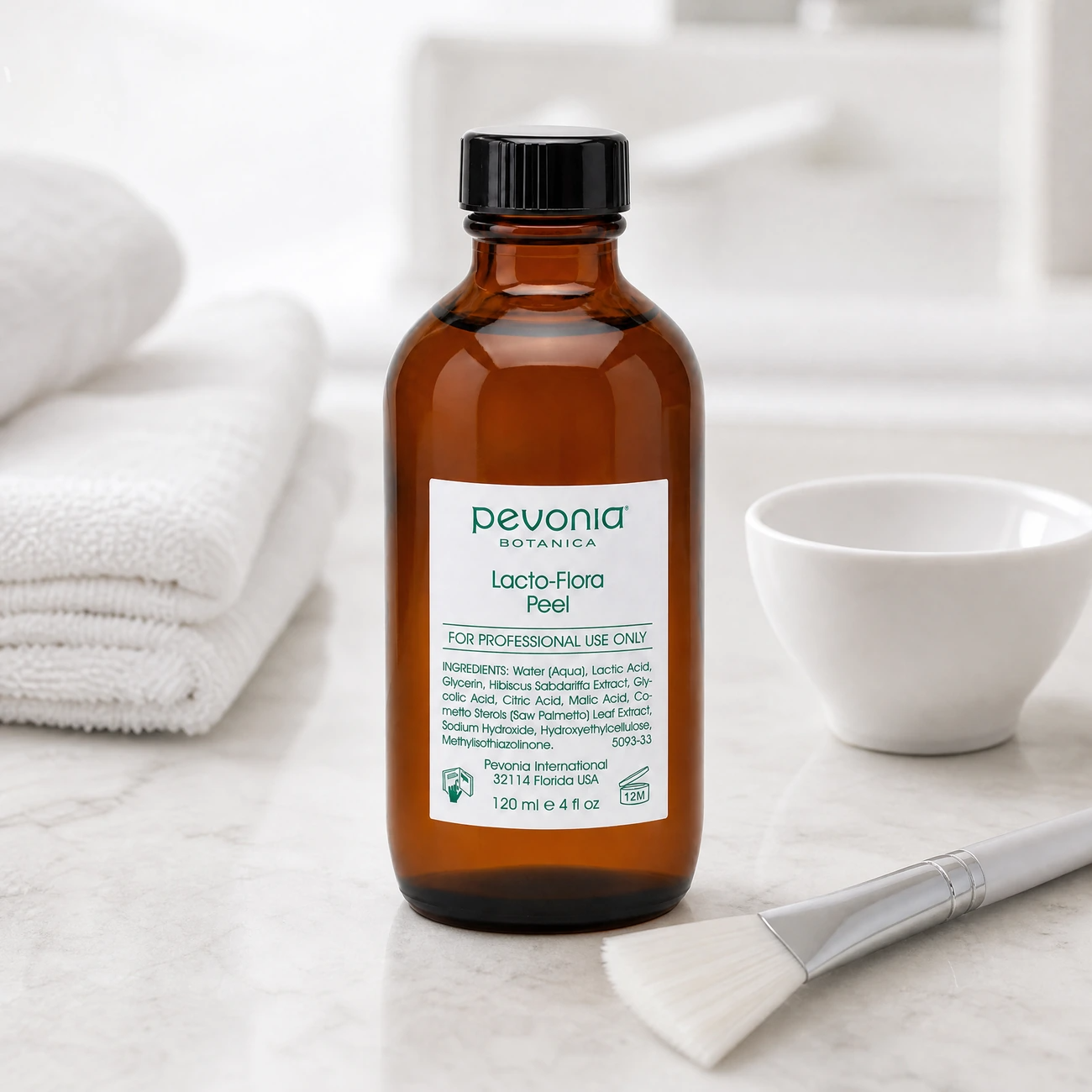 Pevonia Botanica Lacto-Flora Peel 120ml professional amber glass bottle styled in a serene clinical spa treatment room for Beauty Collective Pro.