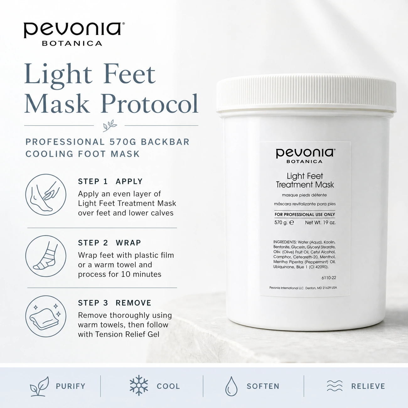 Pevonia Botanica Light Feet Treatment Mask 570g clinic-use education image detailing the professional 3-step Apply, Wrap, and Remove cooling finishing protocol.