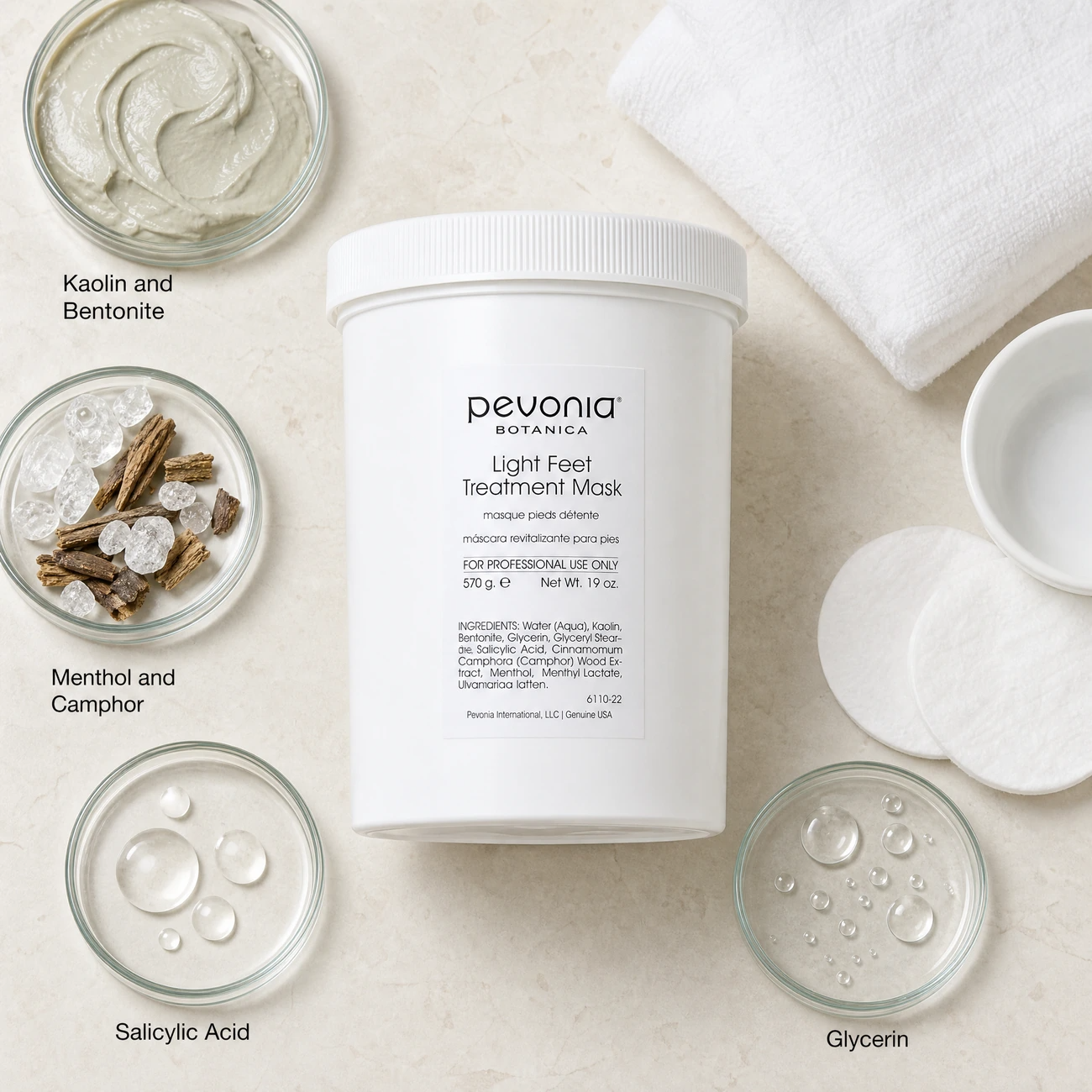 Pevonia Botanica Light Feet Treatment Mask 570g ingredients flatlay with kaolin and bentonite clay, menthol and camphor, salicylic acid, and glycerin in clean glass petri dishes for professional B2B education.