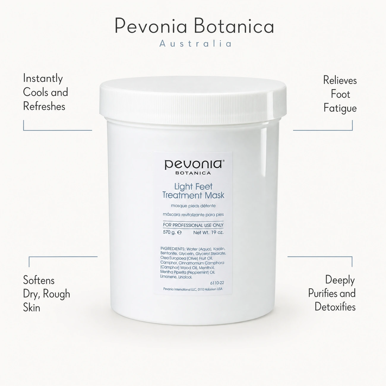 Pevonia Botanica Light Feet Treatment Mask 570g benefit callout image highlighting instant cooling, foot fatigue relief, rough skin softening, and deep clay purification.