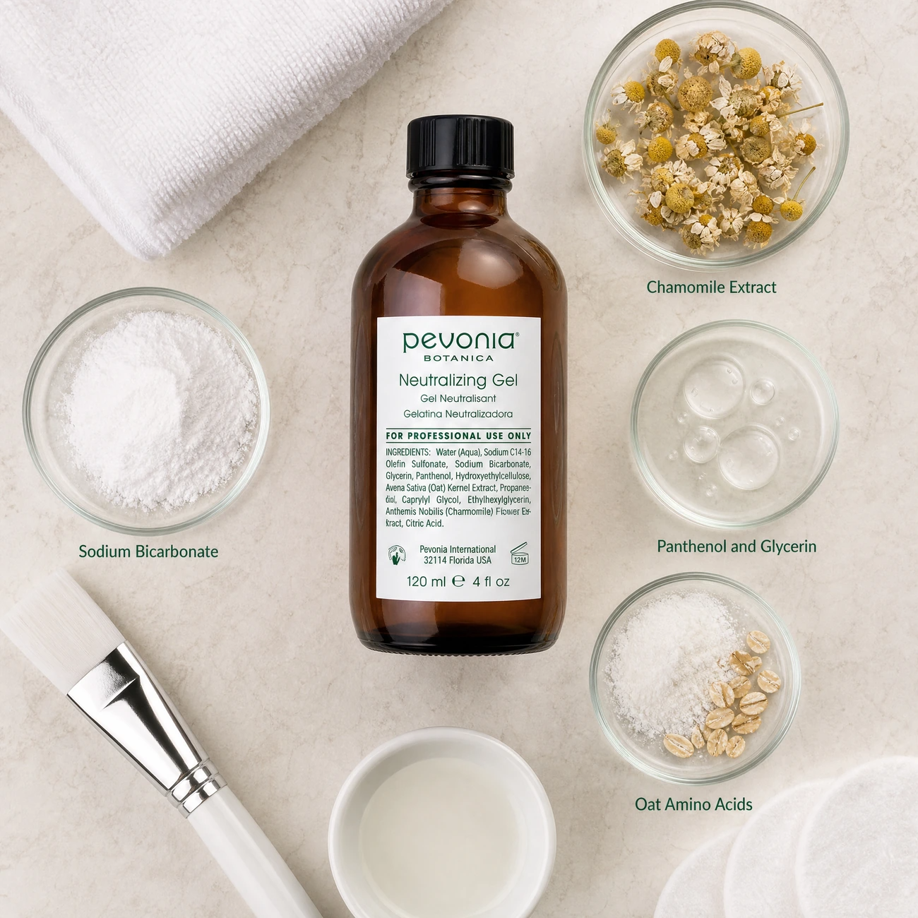 Pevonia Botanica Neutralizing Gel 120ml ingredients flatlay with sodium bicarbonate, chamomile, panthenol with glycerin, and oat amino acids in clean glass petri dishes for professional B2B education.