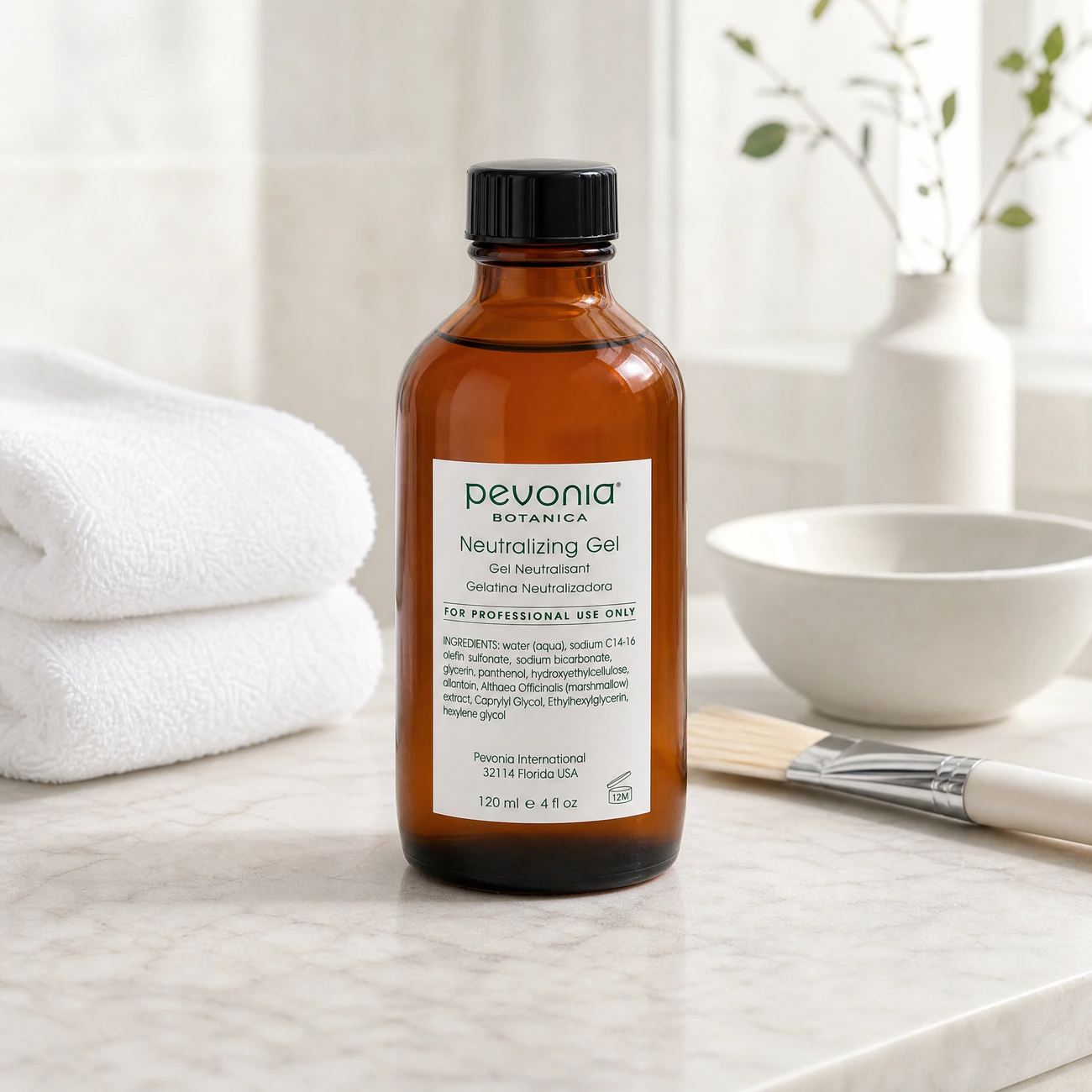Pevonia Botanica Neutralizing Gel 120ml professional amber glass bottle styled in a serene clinical spa treatment room for Beauty Collective Pro.