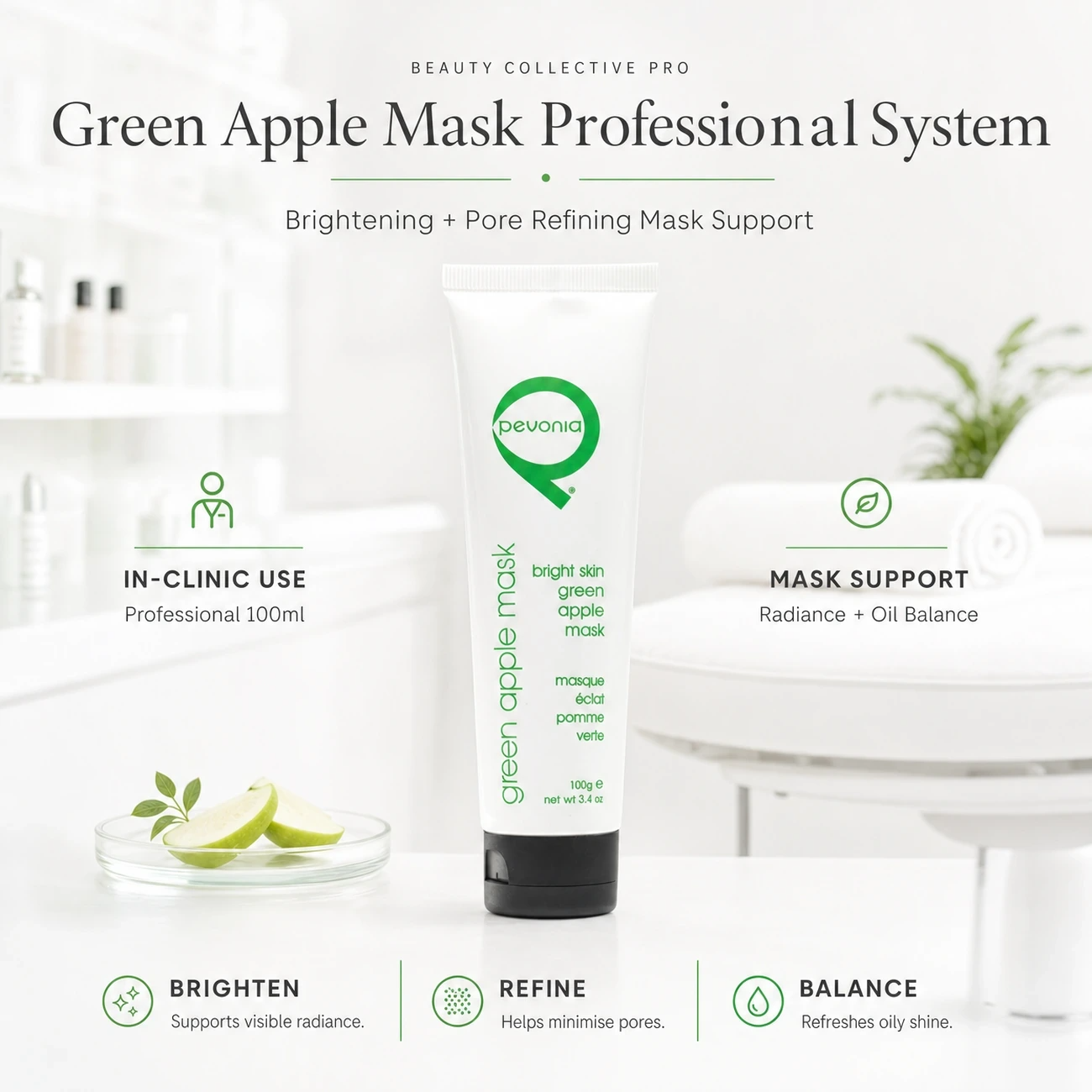 Pevonia Bright Skin Green Apple Mask 100g clinic-use education image for professional brightening, pore refining and hydrating mask support.