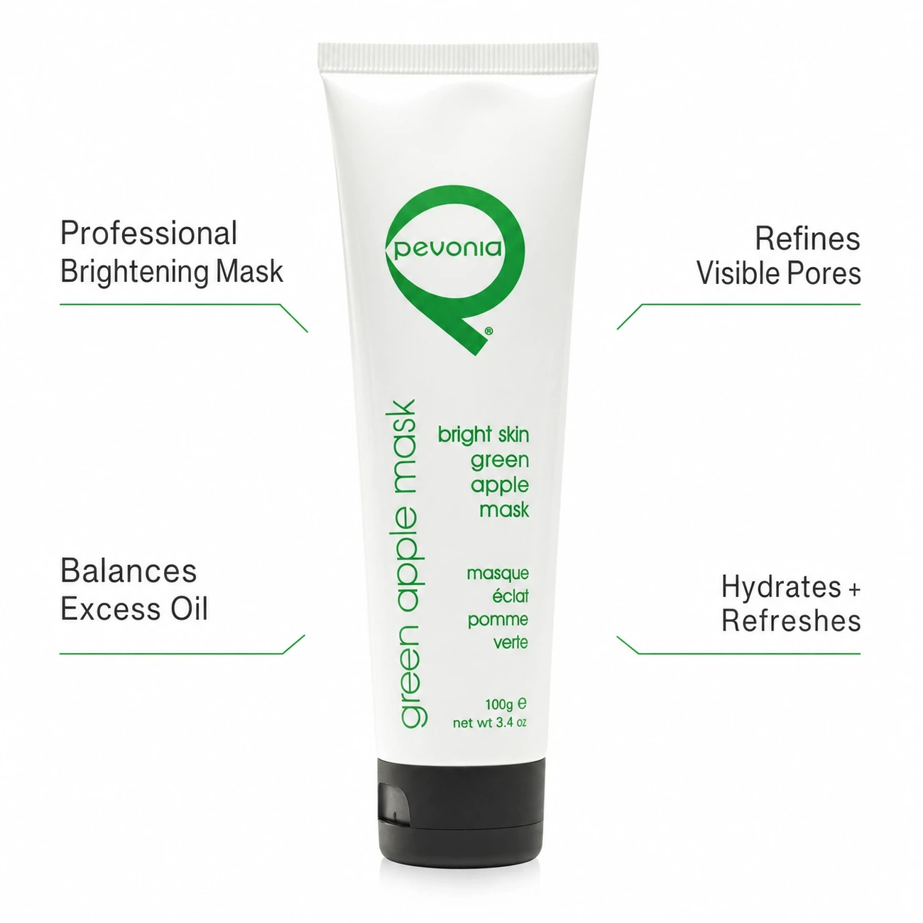 Pevonia Bright Skin Green Apple Mask 100g professional benefit callout image for brightening, pore refinement and oil-balancing support in salons, spas and clinics.