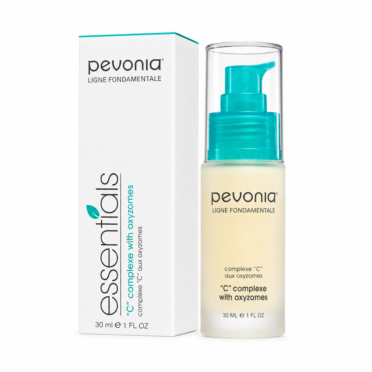 Pevonia C Complex with Oxyzomes 30ml retail product image with box and serum bottle for brightening, antioxidant protection and radiance support.