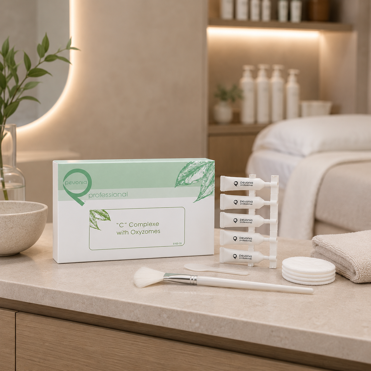 Pevonia C Complex with Oxyzomes professional 5 x 5ml ampoules displayed in a luxury spa treatment room with professional facial accessories.