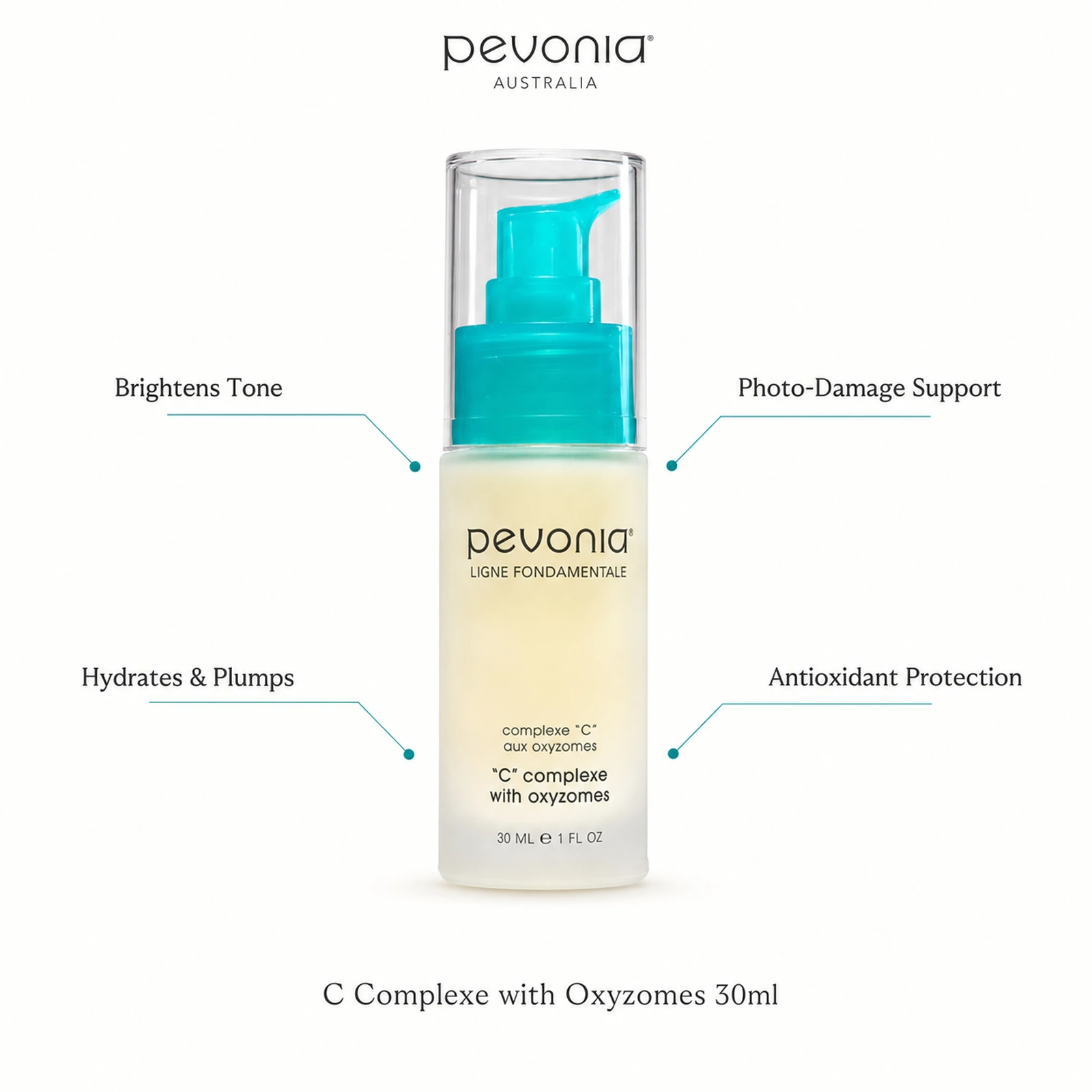 Pevonia C Complex with Oxyzomes 30ml benefit callout image highlighting tone brightening, photo-damage support, hydration, plumping and antioxidant protection.