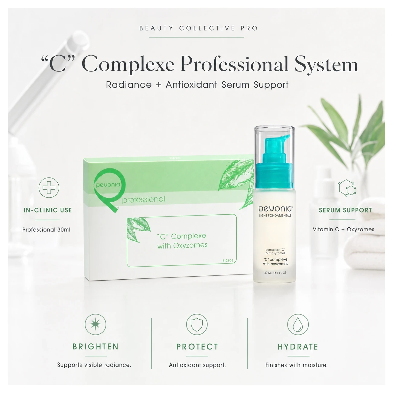 Pevonia “C” Complexe with Oxyzomes 30ml clinic-use education image for professional radiance, antioxidant and serum finishing support.
