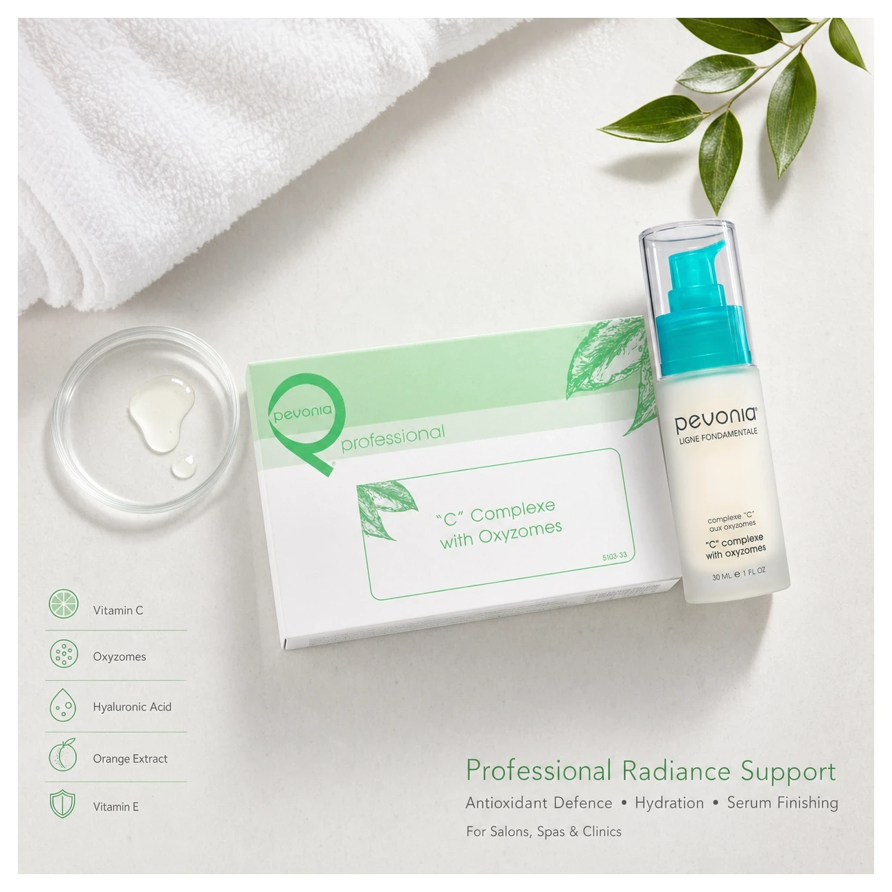 Pevonia “C” Complexe with Oxyzomes 30ml treatment-support flatlay with vitamin C, oxyzomes, hyaluronic acid, orange extract and vitamin E references.