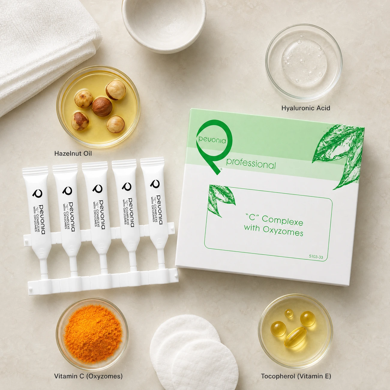 Pevonia C Complexe with Oxyzomes ingredients flatlay with Vitamin C oxyzomes, hyaluronic acid, Tocopherol Vitamin E, and hazelnut oil in clean glass petri dishes for professional B2B education.