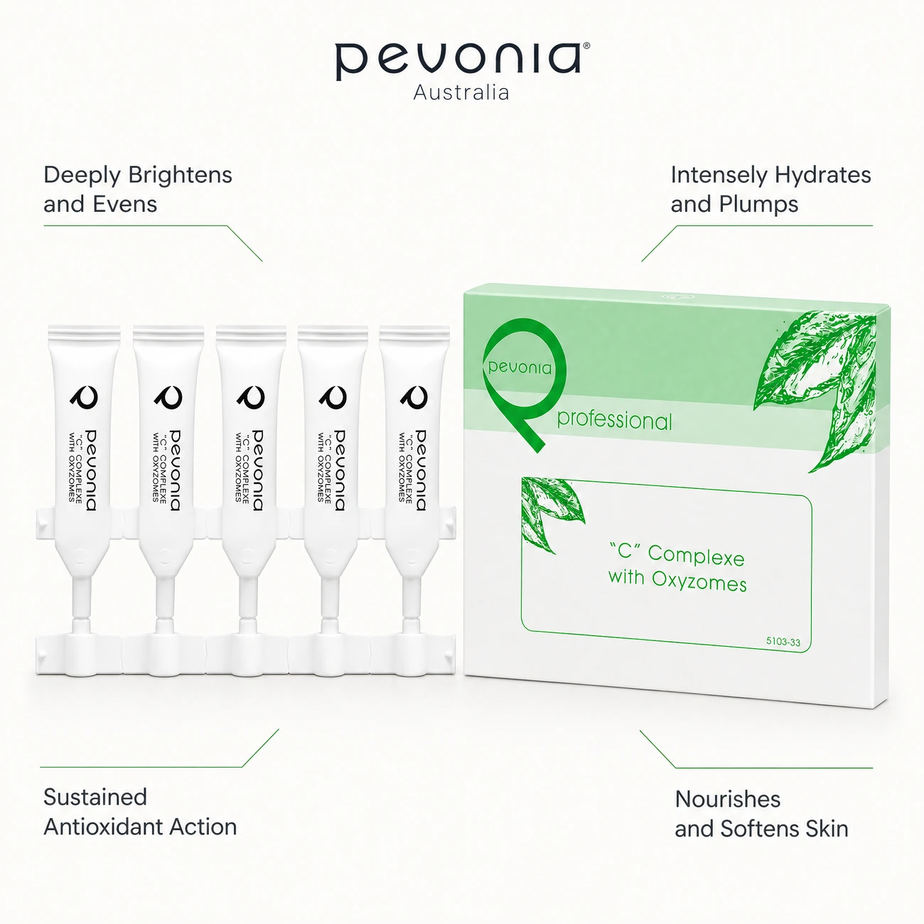 Pevonia C Complexe with Oxyzomes professional kit benefit callout image highlighting skin brightening, intense hydration, sustained antioxidant defense, and hazelnut nourishment.