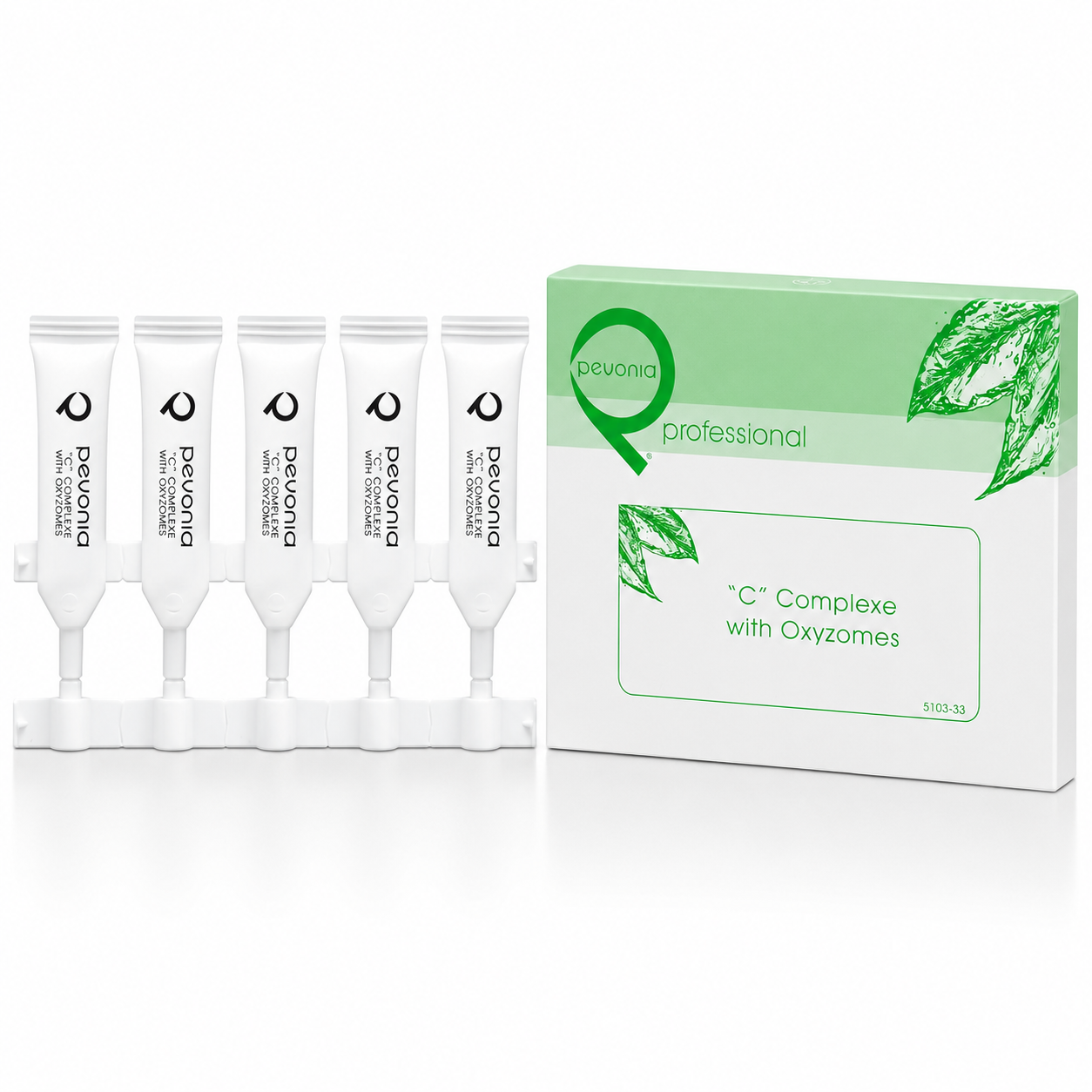Pevonia C Complexe with Oxyzomes professional treatment kit with 5 with ampoules and presentation box on a clean white studio background.