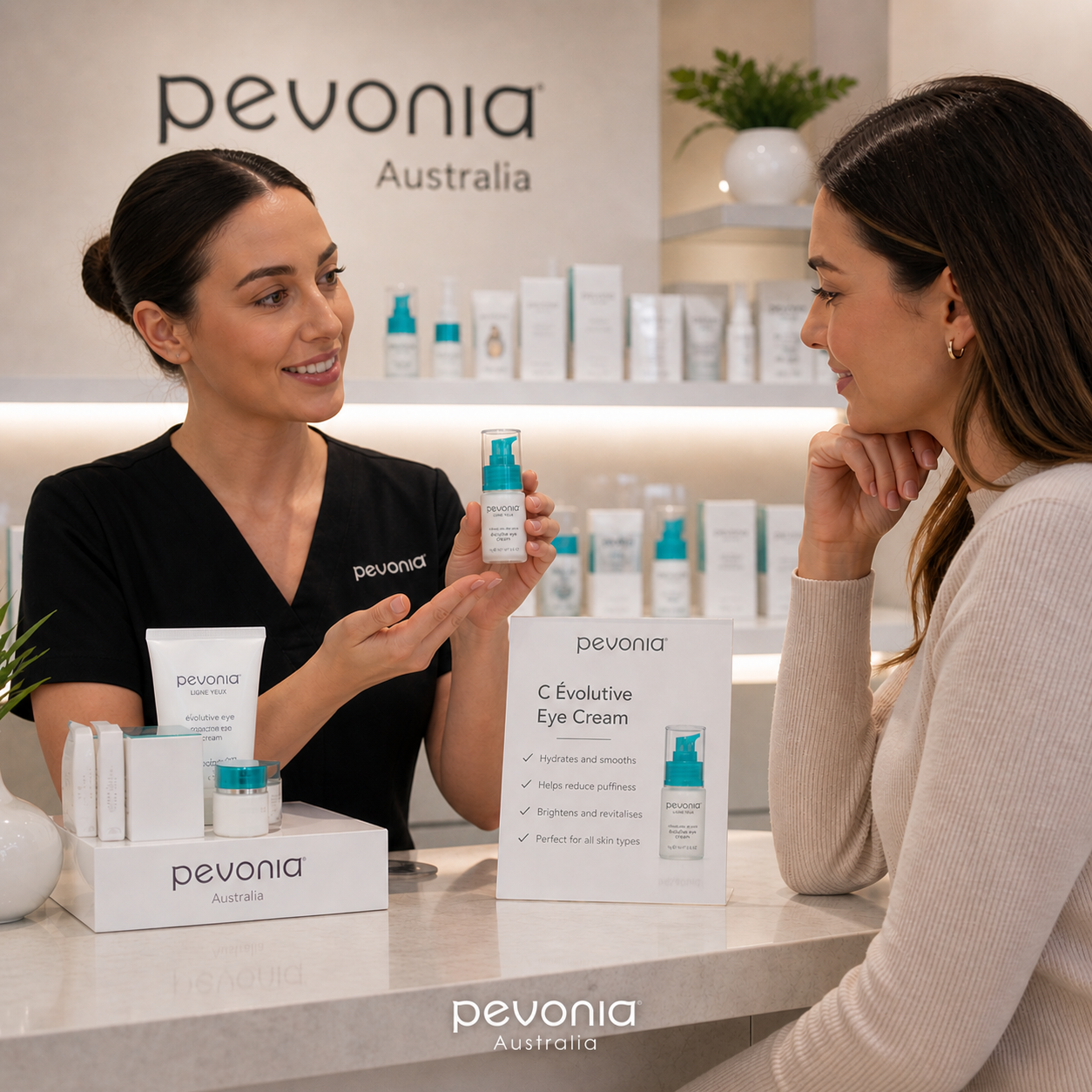 Skincare therapist recommending Pevonia C Evolutive Eye Cream to a client in a professional clinic consultation setting, with product display and Pevonia Australia branding visible.