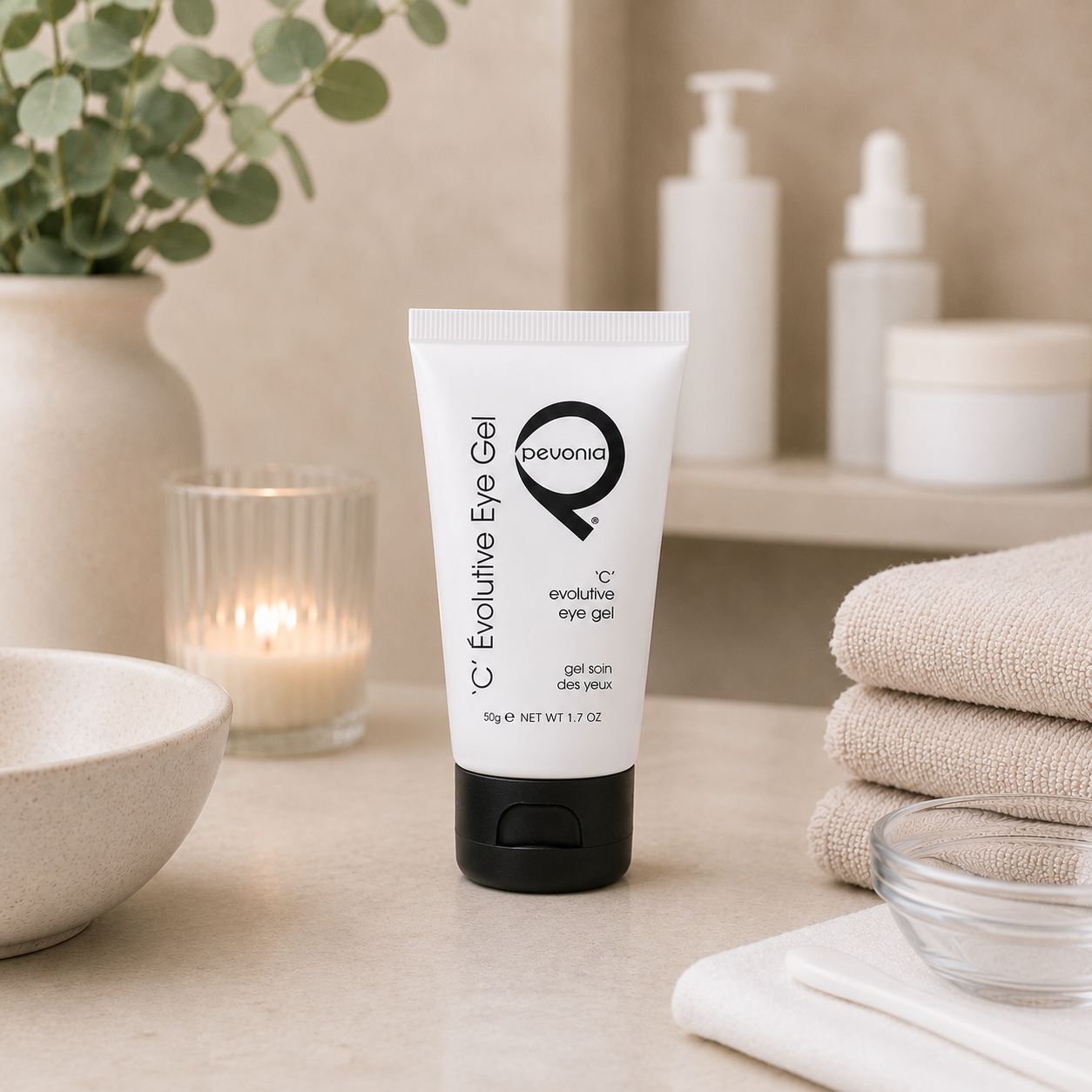 Pevonia C Evolutive Eye Gel 50g tube displayed in a day spa facial treatment room with unbranded eye treatment accessories.
