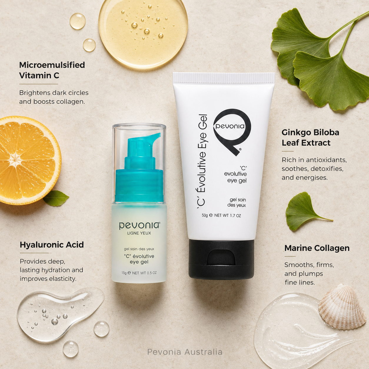 Pevonia C Evolutive Eye Gel duo ingredient flatlay featuring 15ml pump and 50g tube with microemulsified vitamin C, hyaluronic acid, ginkgo biloba leaf extract and marine collagen on a beige background with Pevonia Australia watermark