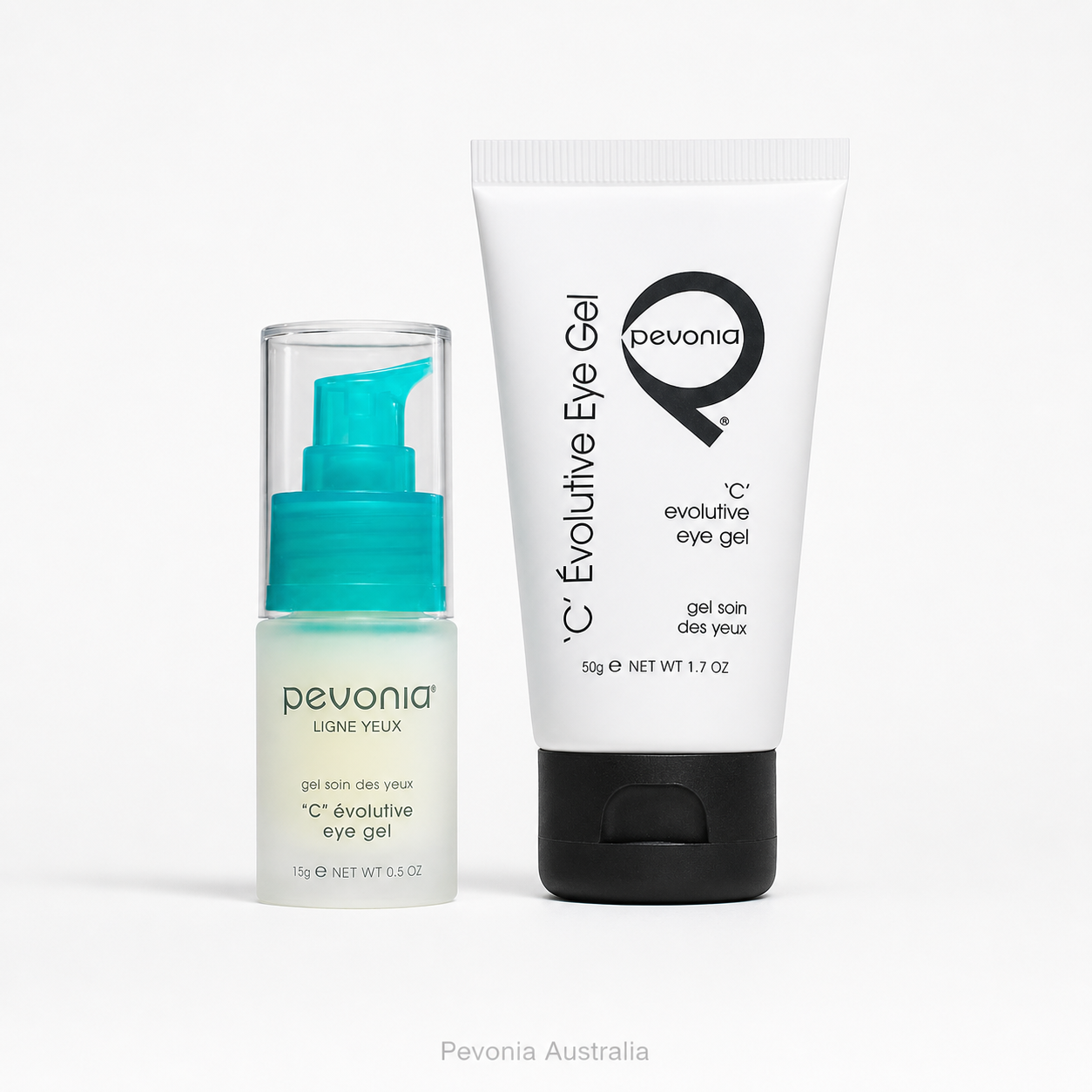 Pevonia C Evolutive Eye Gel duo featuring the 50g professional tube and 15g retail pump bottle in a clean Shopify product image with subtle Pevonia Australia watermark.