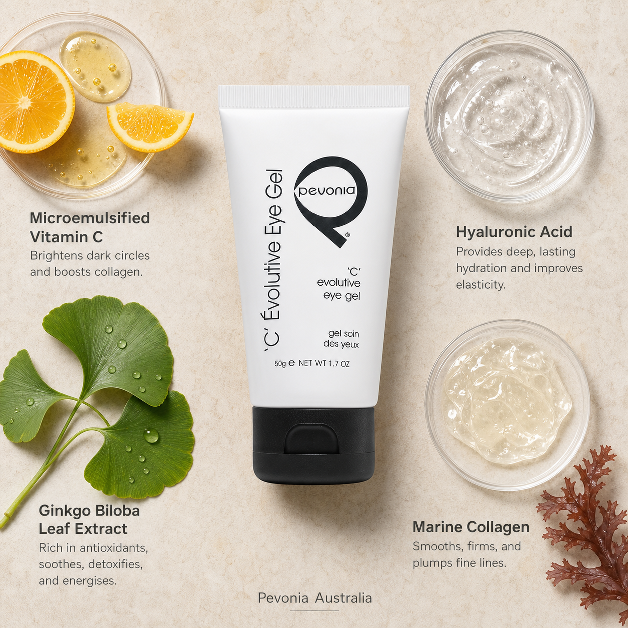 Pevonia C Evolutive Eye Gel ingredient flatlay featuring vitamin C, hyaluronic acid, ginkgo biloba, marine collagen and chamomile on a beige background with Pevonia Australia watermark