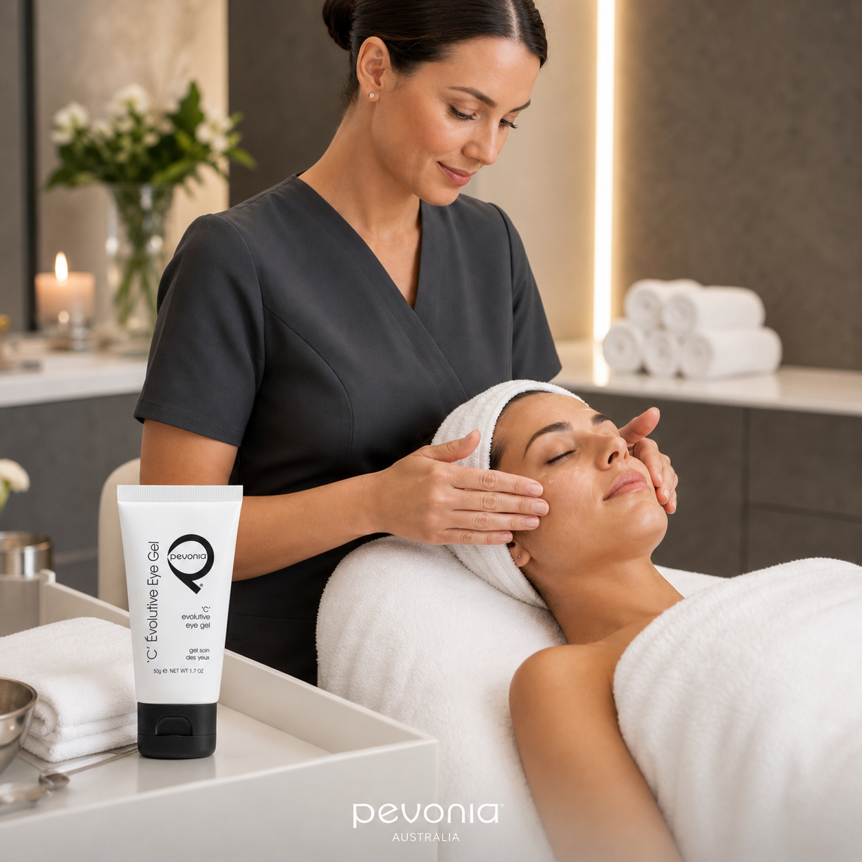 Beauty therapist applying Pevonia C Evolutive Eye Gel during a professional spa facial treatment, with the product tube displayed beside the client.