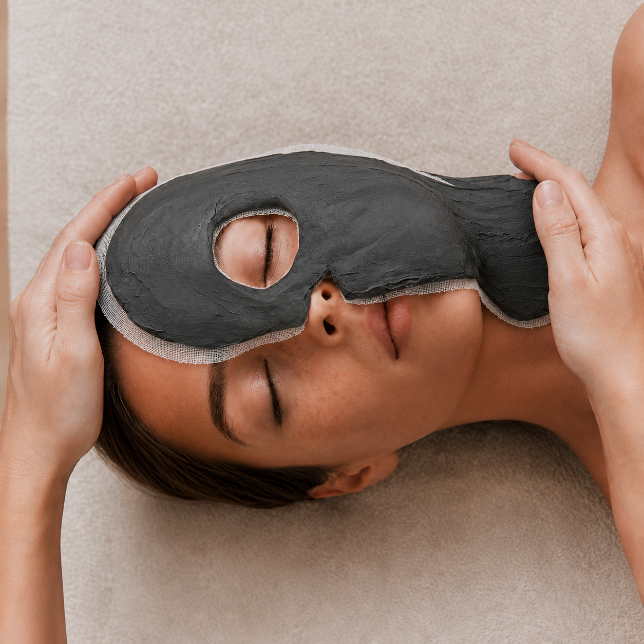 Person wearing a black clay mask on a neutral background