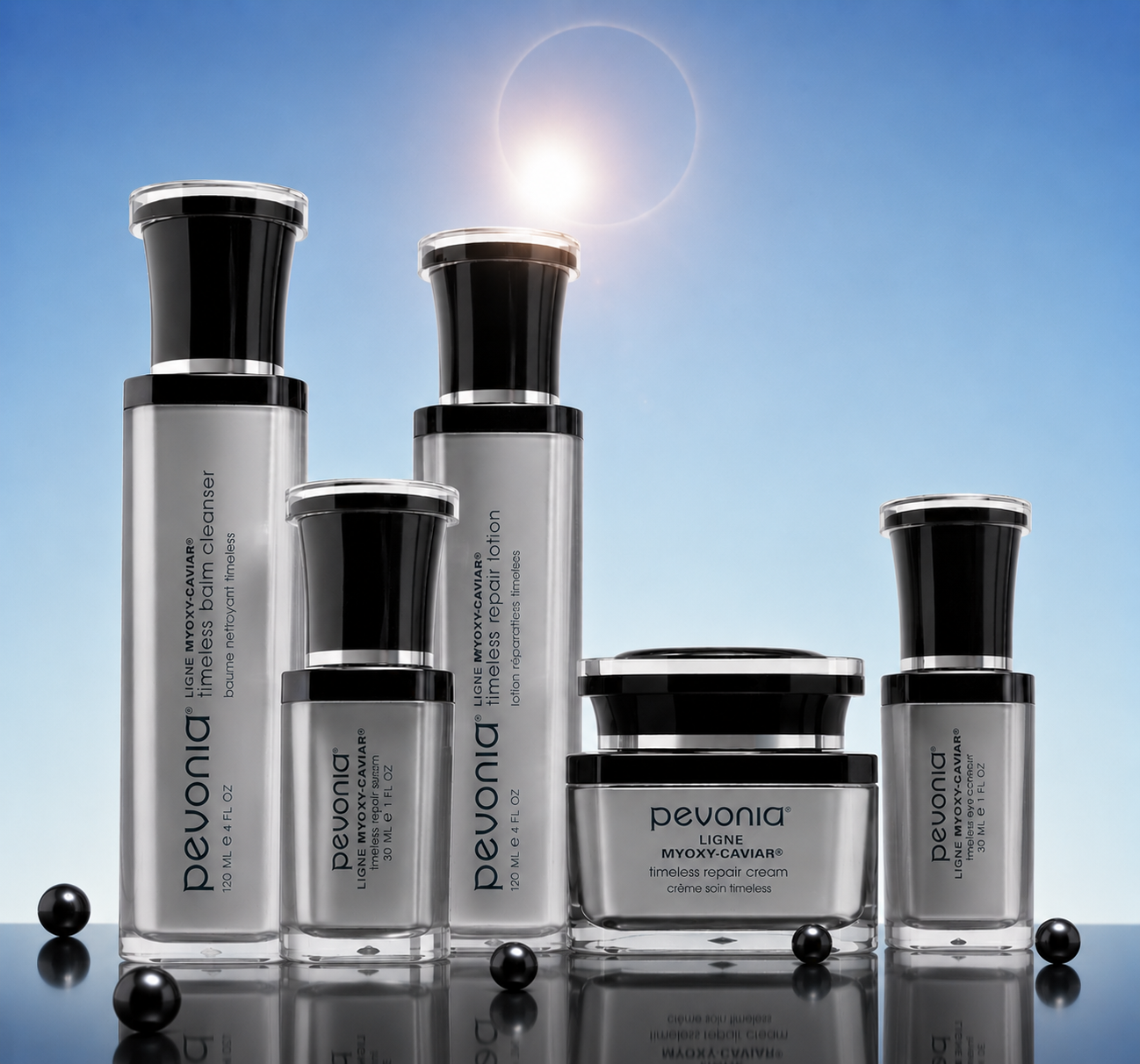Pevonia skincare products on a reflective surface with a blue gradient background
