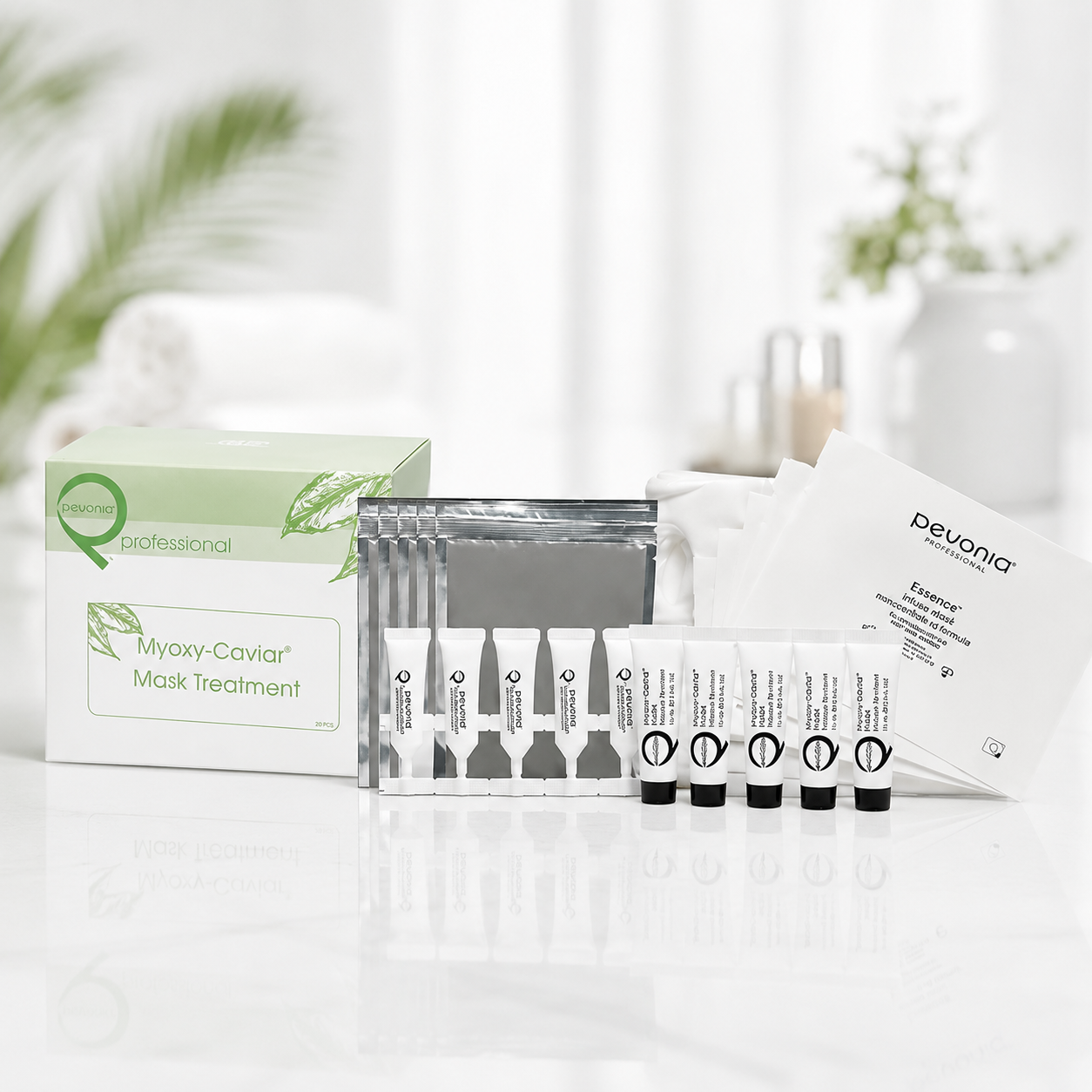 Devenia skincare products including boxes and tubes on a white surface with a blurred background