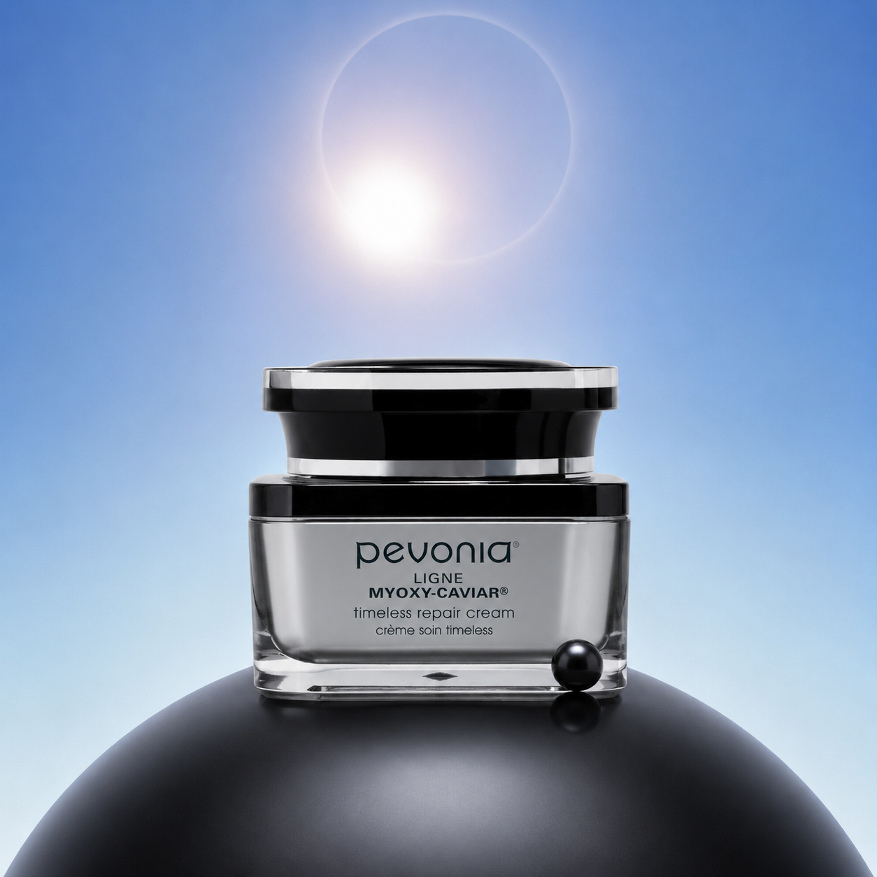 Pevonia skincare cream jar with a blue gradient background