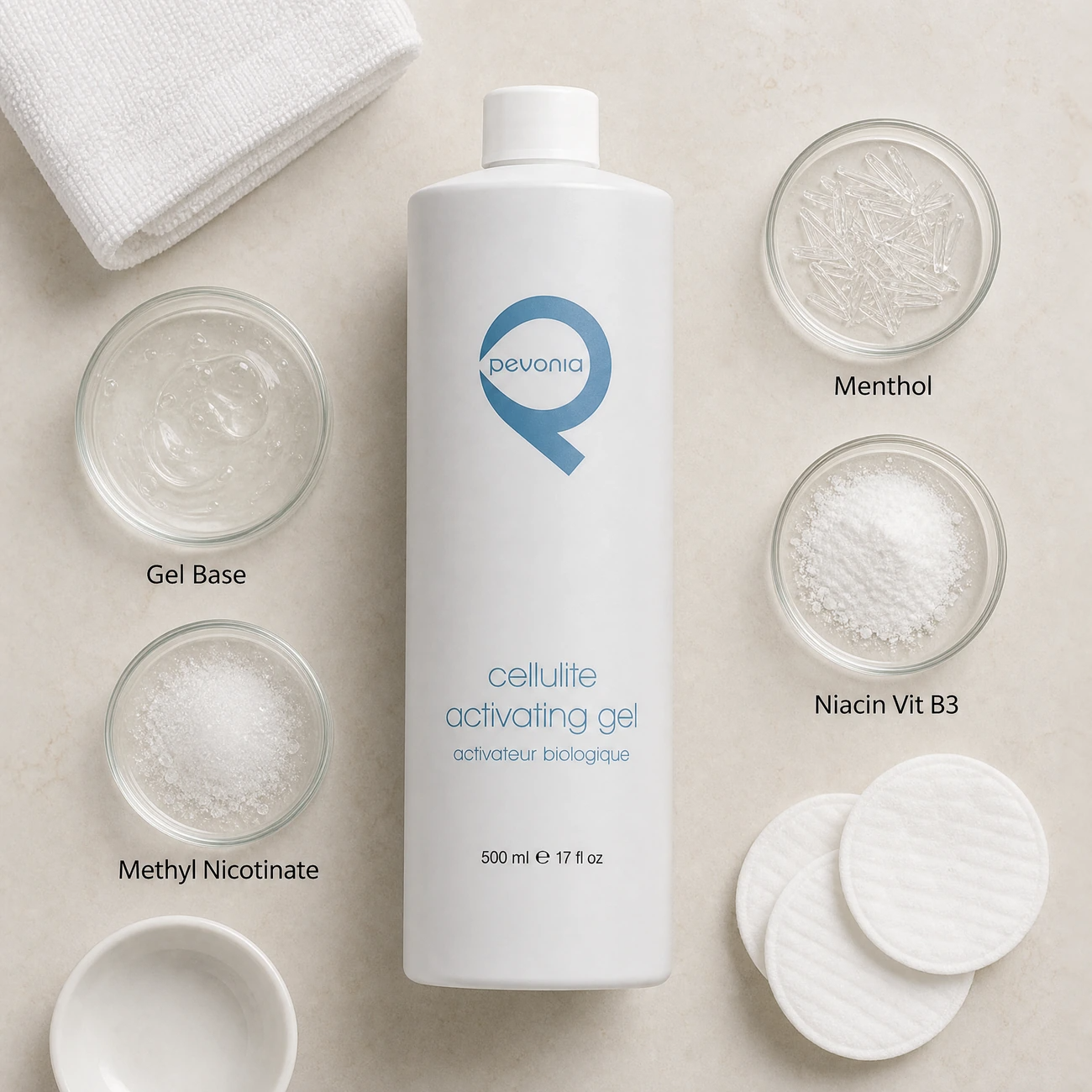 Pevonia Cellulite Activating Gel 500ml ingredients flatlay with methyl nicotinate, menthol crystals, niacin, and gel base in clean glass petri dishes for professional B2B education.