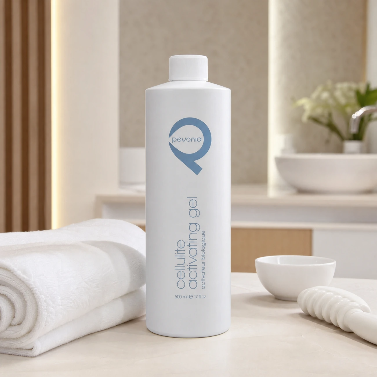 Pevonia Cellulite Activating Gel 500ml professional tall white bottle styled in a serene clinical spa treatment room for Beauty Collective Pro.