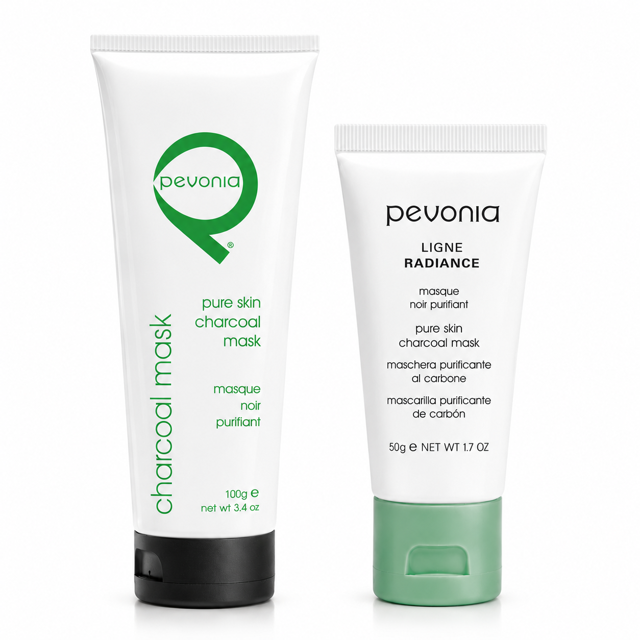 Pevonia Charcoal Mask professional 100g and retail 50g tubes displayed together on a clean white background.
