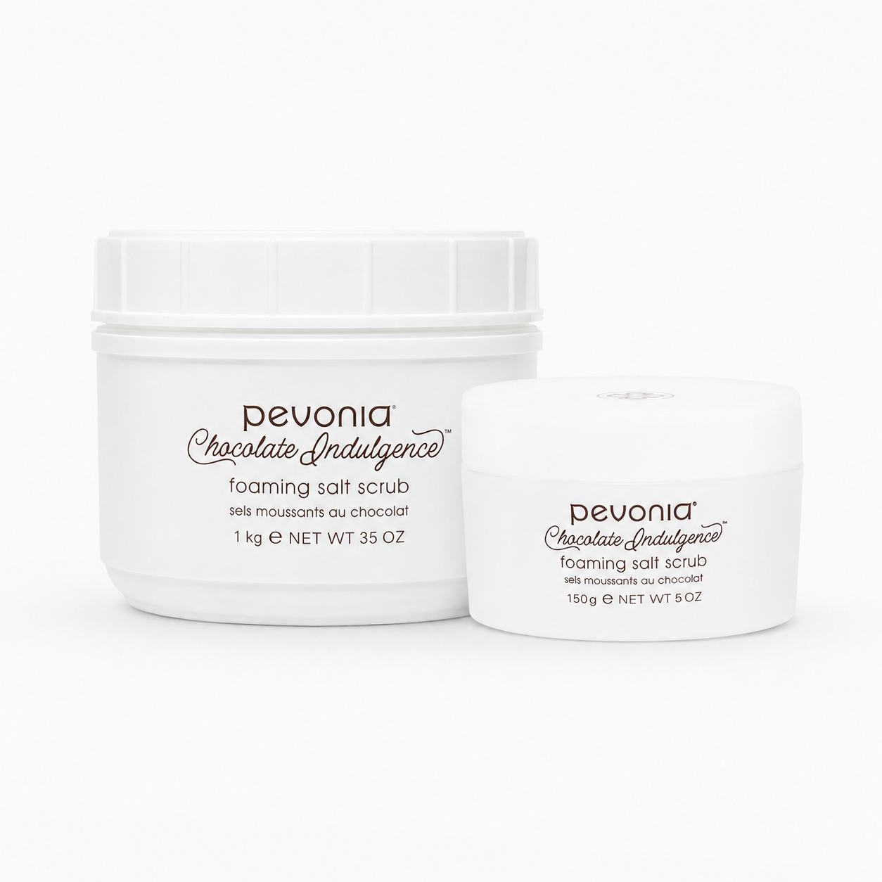 Pevonia Chocolate Indulgence Foaming Salt Scrub retail and professional variant image showing the 150g retail jar and 1kg professional tub together on a clean white background.