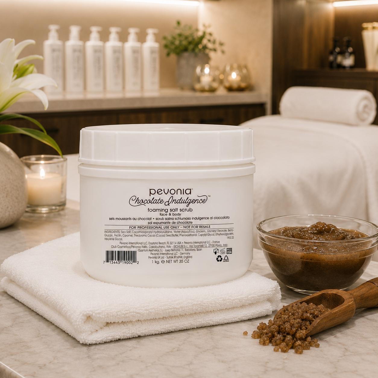Pevonia Chocolate Indulgence Foaming Salt Scrub 1kg displayed in a luxury spa body treatment room for professional face and body exfoliation.
