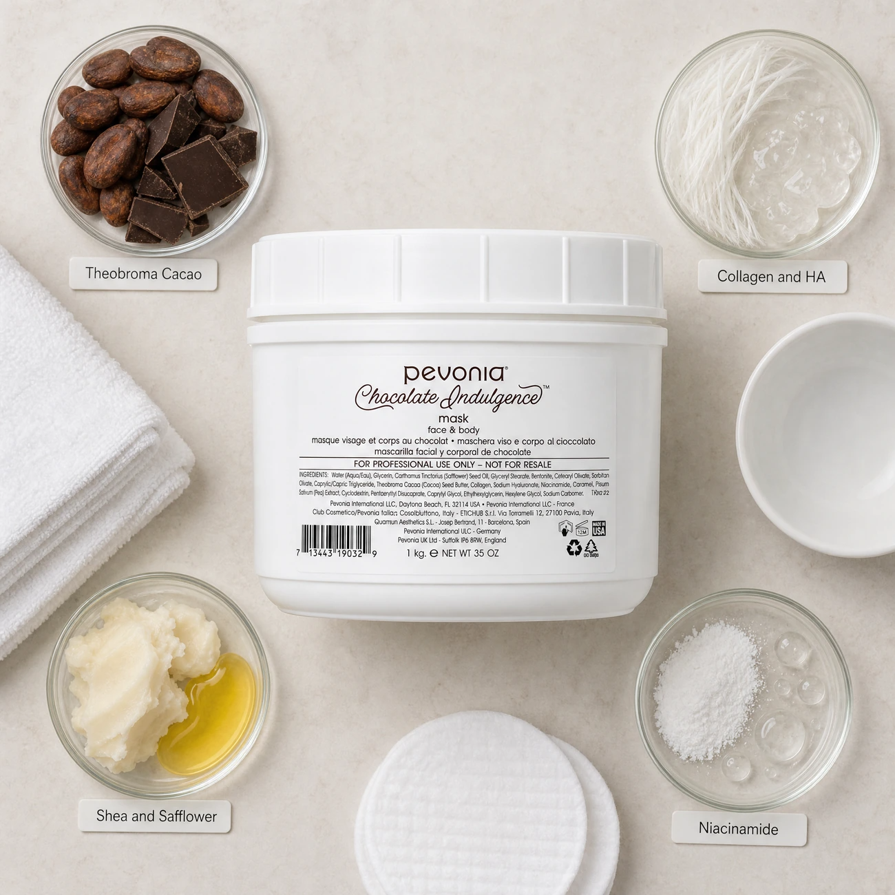 Pevonia Chocolate Indulgence Mask Face & Body 1kg ingredients flatlay with theobroma cacao, collagen and hyaluronic acid, shea butter and safflower oil, and niacinamide in clean glass petri dishes for professional B2B education.